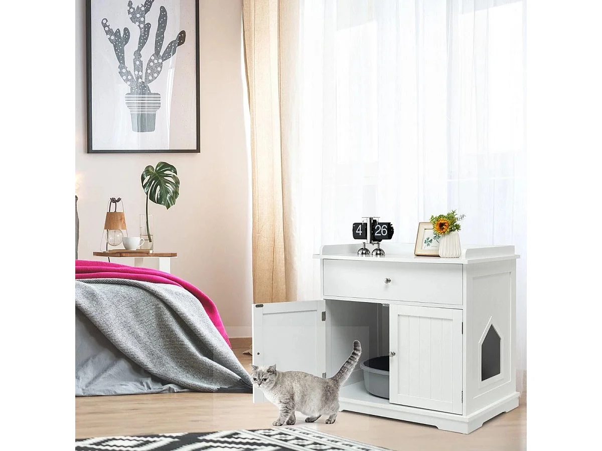 Enceinte de Bac à Litière pour Chat Meubles de Toilette Cachés pour Chat avec Tiroir et 2 Portes Table d'Appoint pour Chat