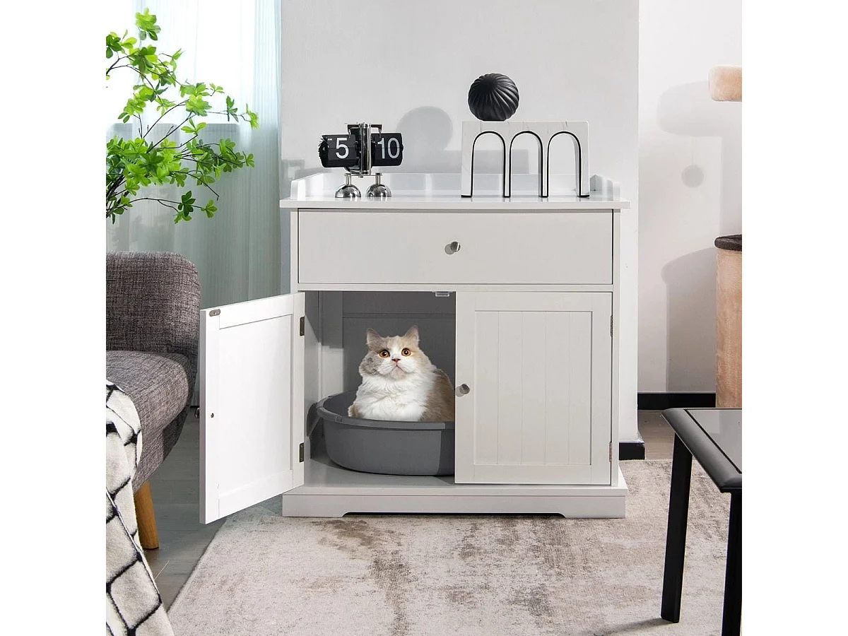 Enceinte de Bac à Litière pour Chat Meubles de Toilette Cachés pour Chat avec Tiroir et 2 Portes Table d'Appoint pour Chat