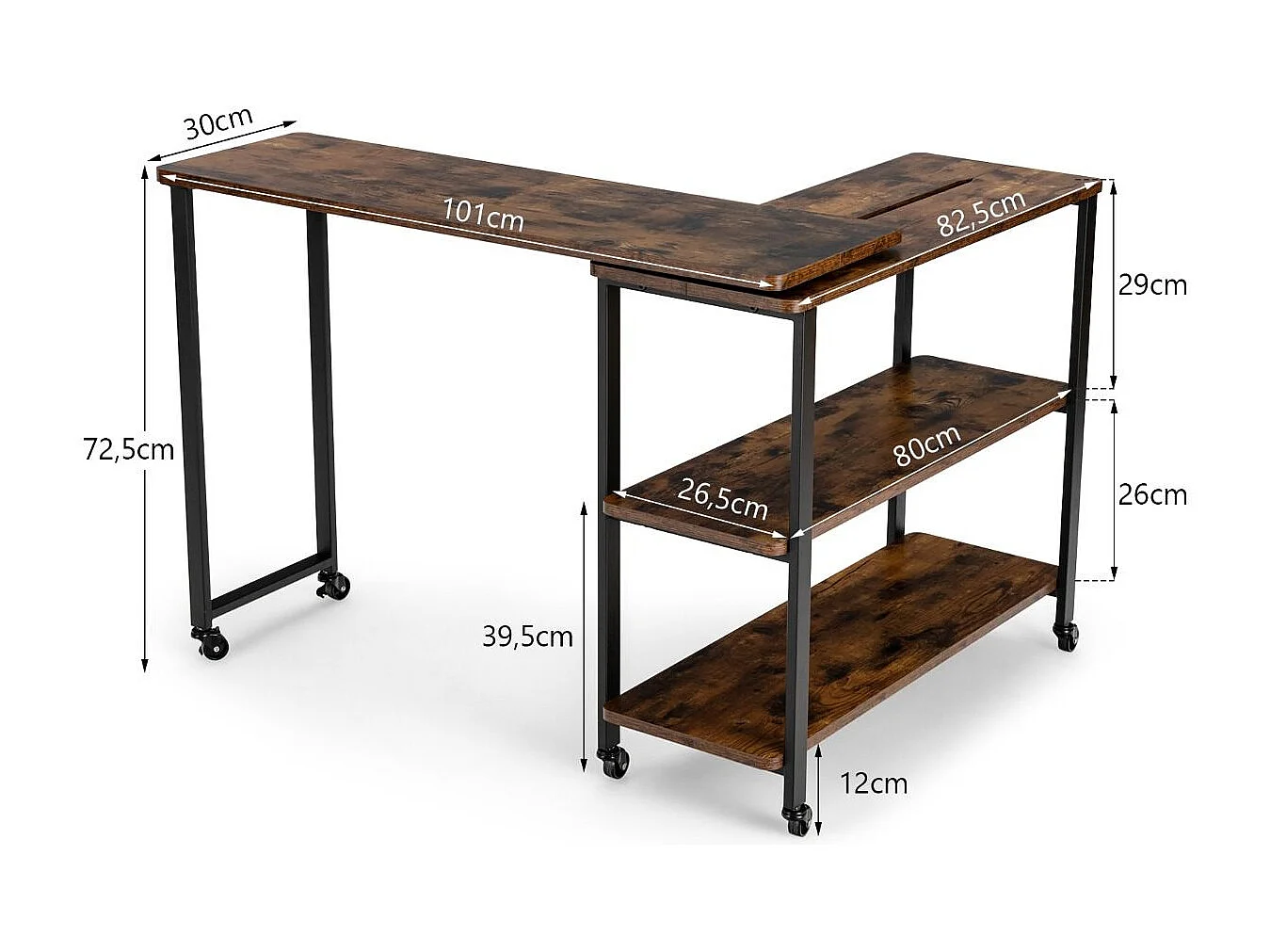 Table d'Appoint Ajustable Rotative à 360° Table Mobile pour Ordinateur Portable avec 6 Roulettes Universelles 101x82,5x72,5CM