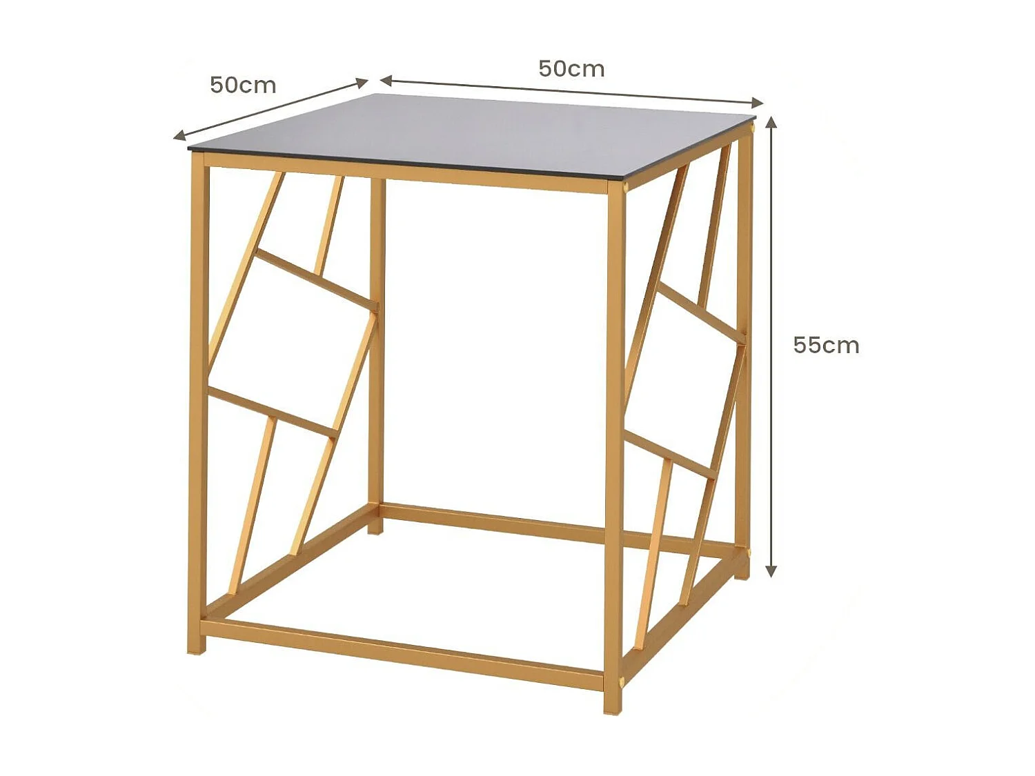 Table d'Appoint Carrée Bout de Canapé avec Plateau en Verre Trempé Cadre Géométrique Doré Petite Table Basse Salon Moderne 50 x 50 x 55 cm Noir