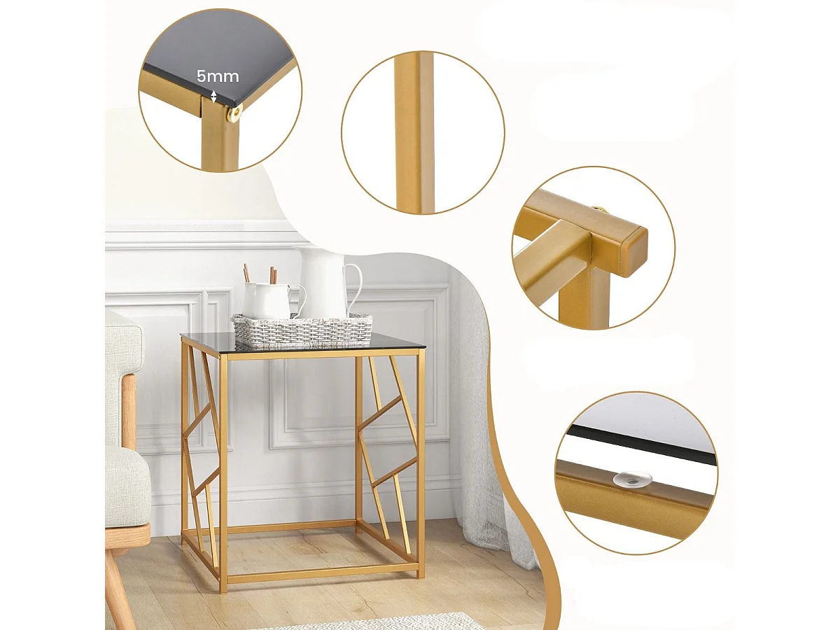 Table d'Appoint Carrée Bout de Canapé avec Plateau en Verre Trempé Cadre Géométrique Doré Petite Table Basse Salon Moderne 50 x 50 x 55 cm Noir