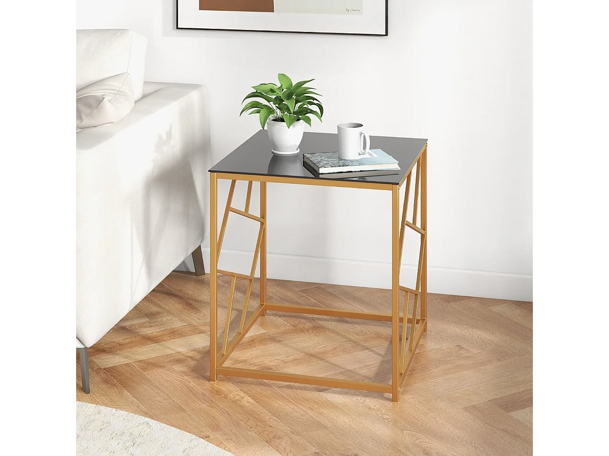 Table d'Appoint Carrée Bout de Canapé avec Plateau en Verre Trempé Cadre Géométrique Doré Petite Table Basse Salon Moderne 50 x 50 x 55 cm Noir