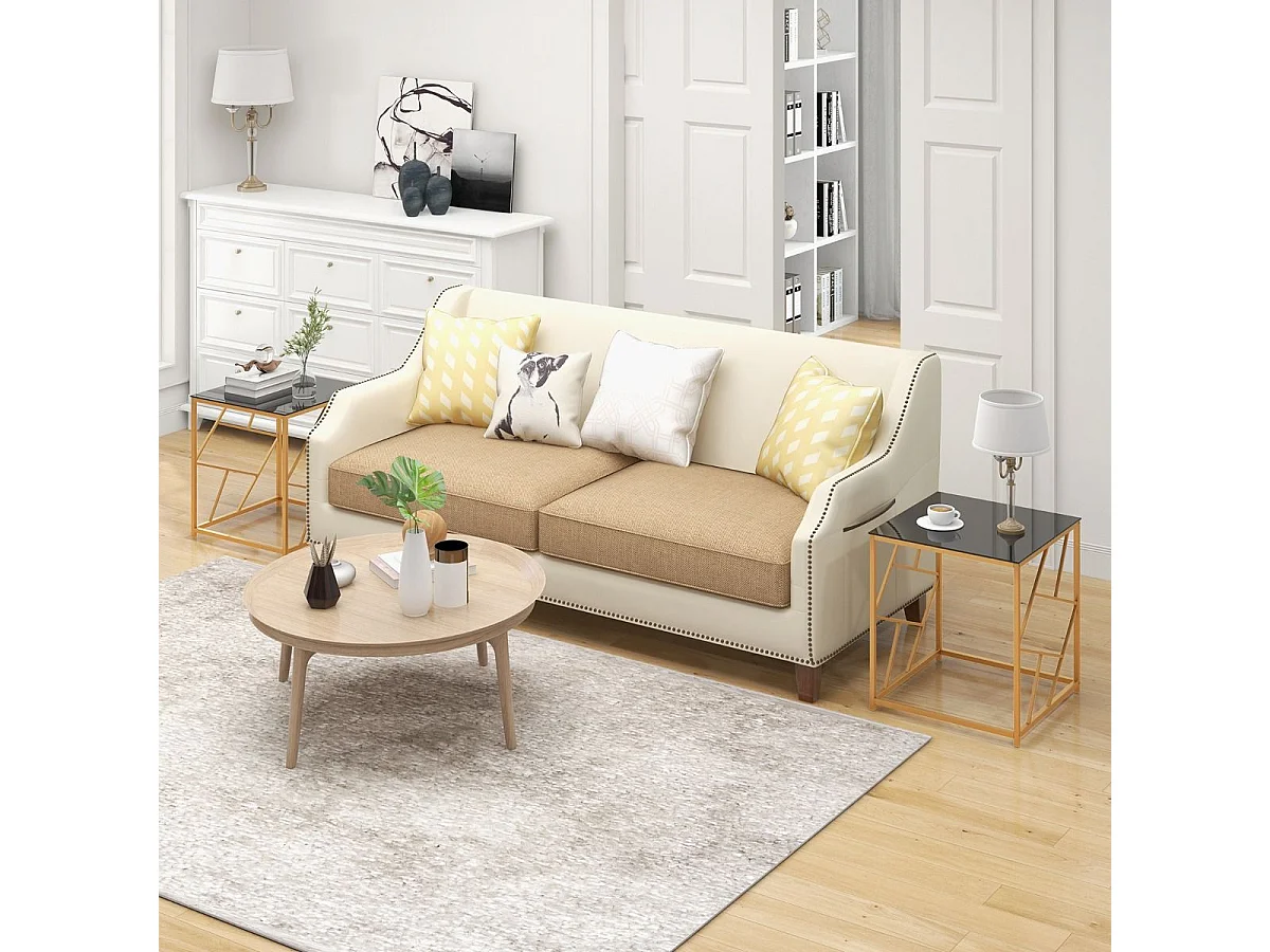 Table d'Appoint Carrée Bout de Canapé avec Plateau en Verre Trempé Cadre Géométrique Doré Petite Table Basse Salon Moderne 50 x 50 x 55 cm Noir