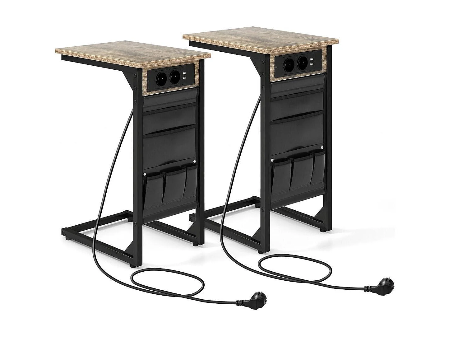 Set di 2 Tavolini a forma di C con prese tasca laterale2 porte USB, Tavolini da divano in metallo Marrone