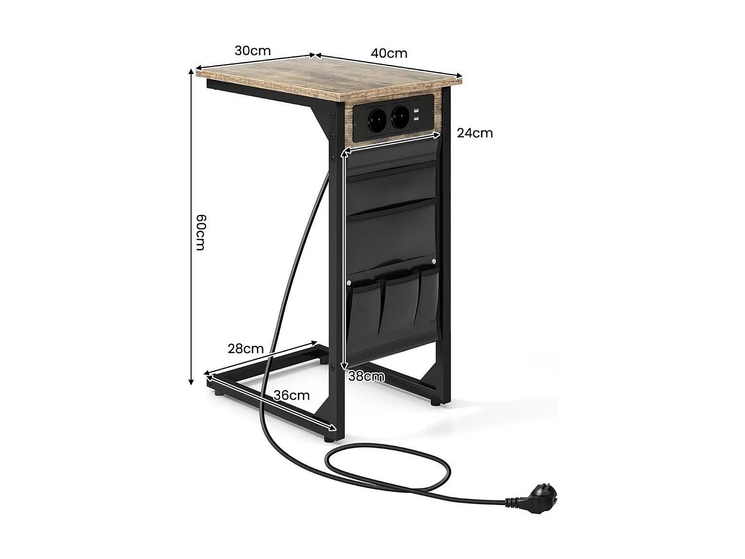 Set di 2 Tavolini a forma di C con prese tasca laterale2 porte USB, Tavolini da divano in metallo Marrone