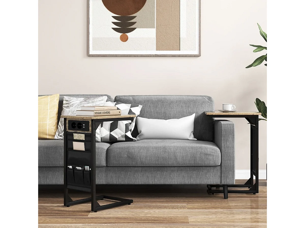 Set di 2 Tavolini a forma di C con prese tasca laterale2 porte USB, Tavolini da divano in metallo Marrone