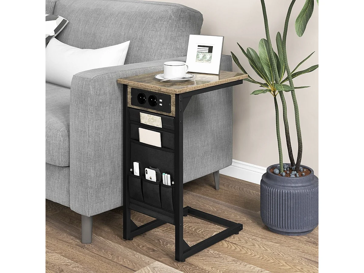 Set di 2 Tavolini a forma di C con prese tasca laterale2 porte USB, Tavolini da divano in metallo Marrone