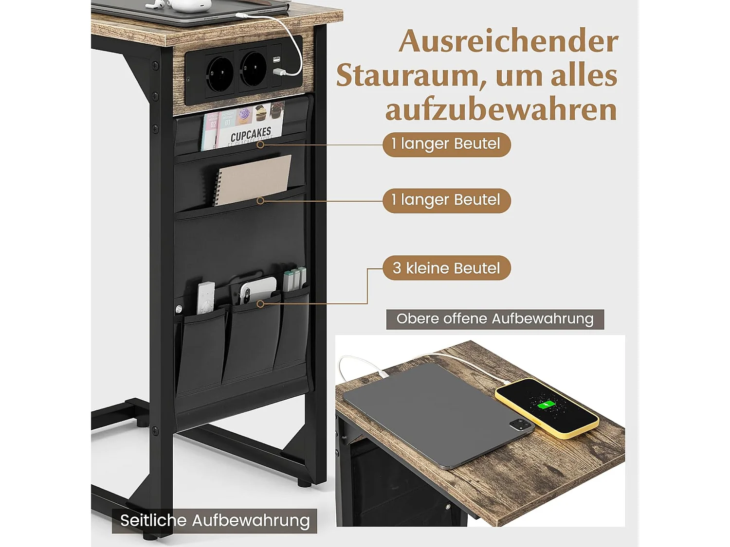 2er Set C-förmiger Beistelltisch mit Ladestation & USB Anschlüssen & Seitentasche Nachttisch