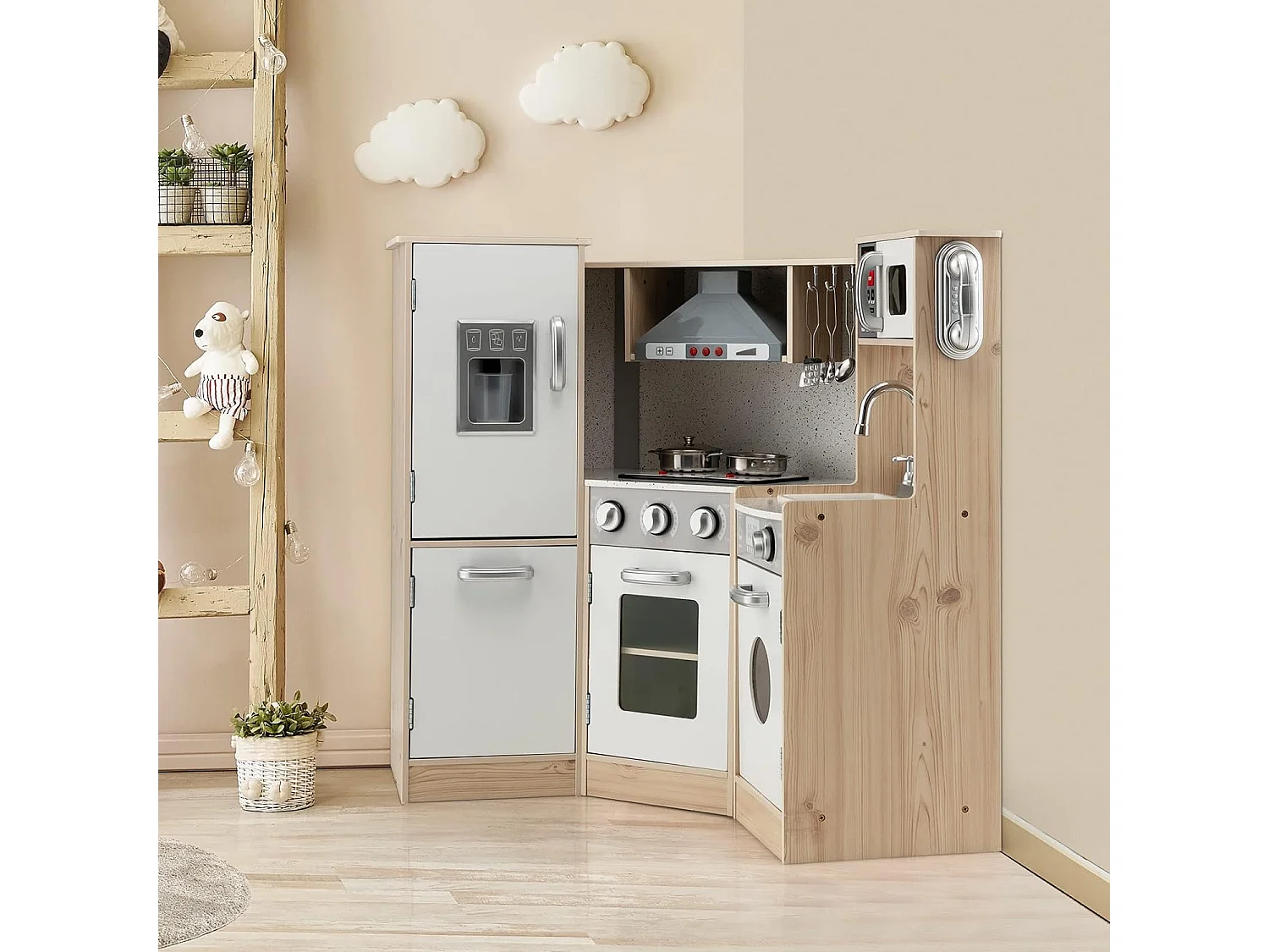 Eck Spielküche mit Sound und Licht, Kinderküche aus Holz, inkl. Spielzubehör, für Kinder ab 3 Jahren