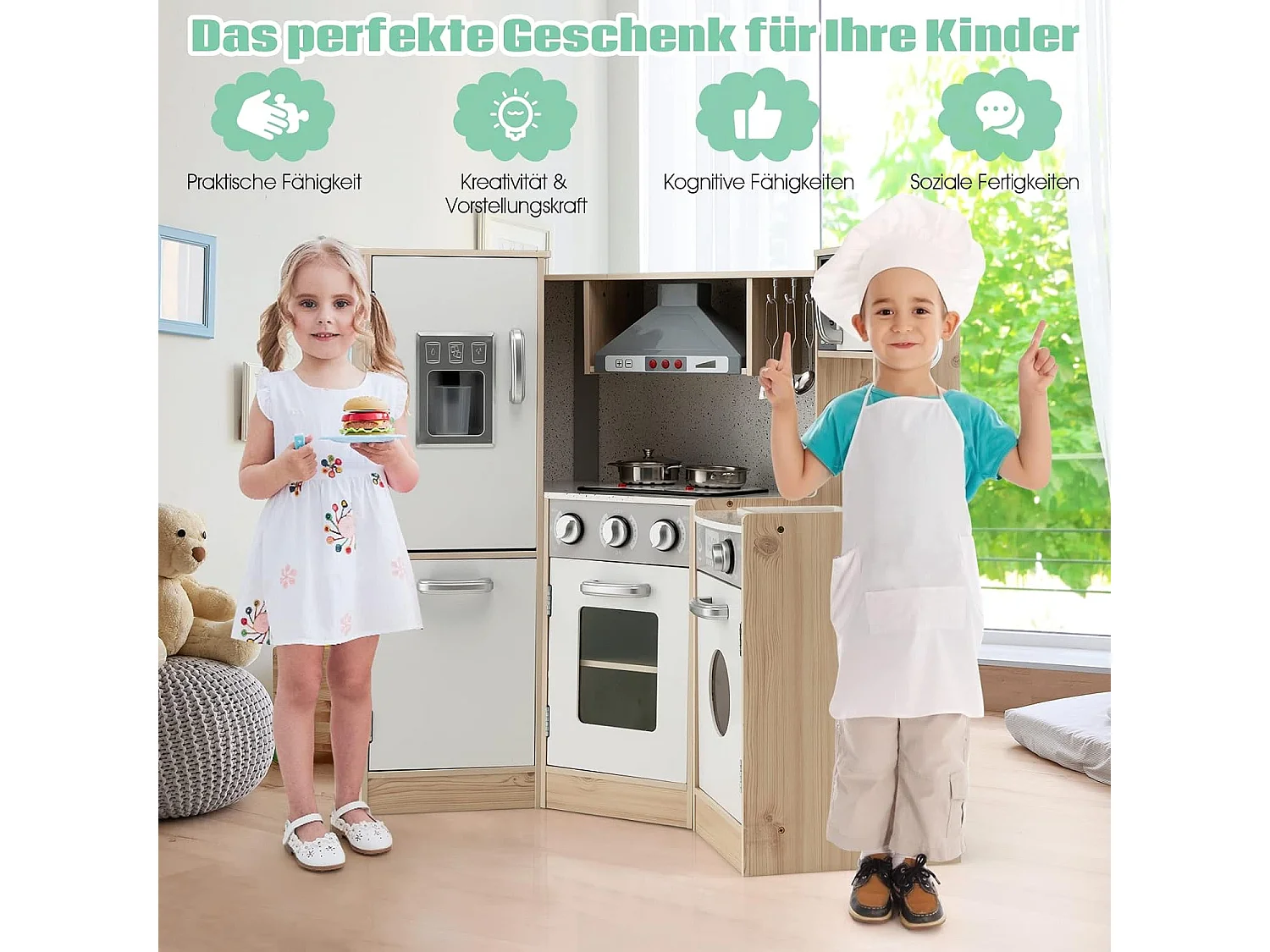 Eck Spielküche mit Sound und Licht, Kinderküche aus Holz, inkl. Spielzubehör, für Kinder ab 3 Jahren