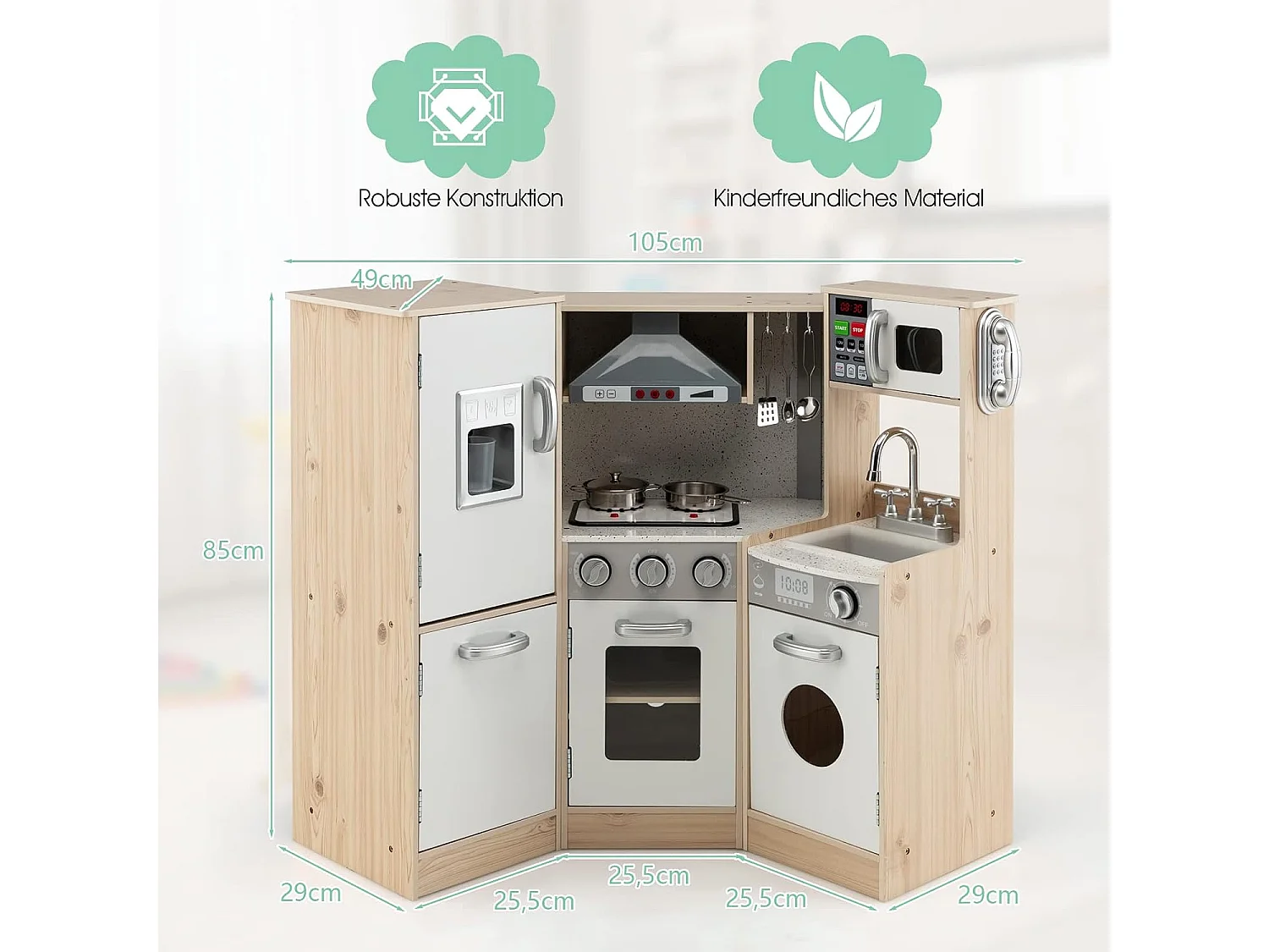 Eck Spielküche mit Sound und Licht, Kinderküche aus Holz, inkl. Spielzubehör, für Kinder ab 3 Jahren