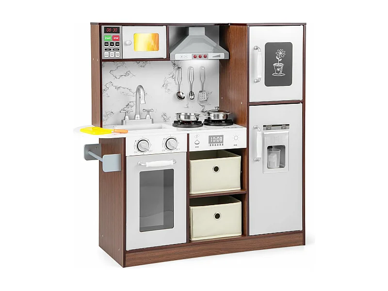 Kinderküche mit Zubehör, Spielküche mit Licht & Sound, Holzküche inkl. Spüle Dunstabzugshaube Mikrowelle Eismaschine Tafel, Spielzeugküche für Kinder ab 3 Jahre