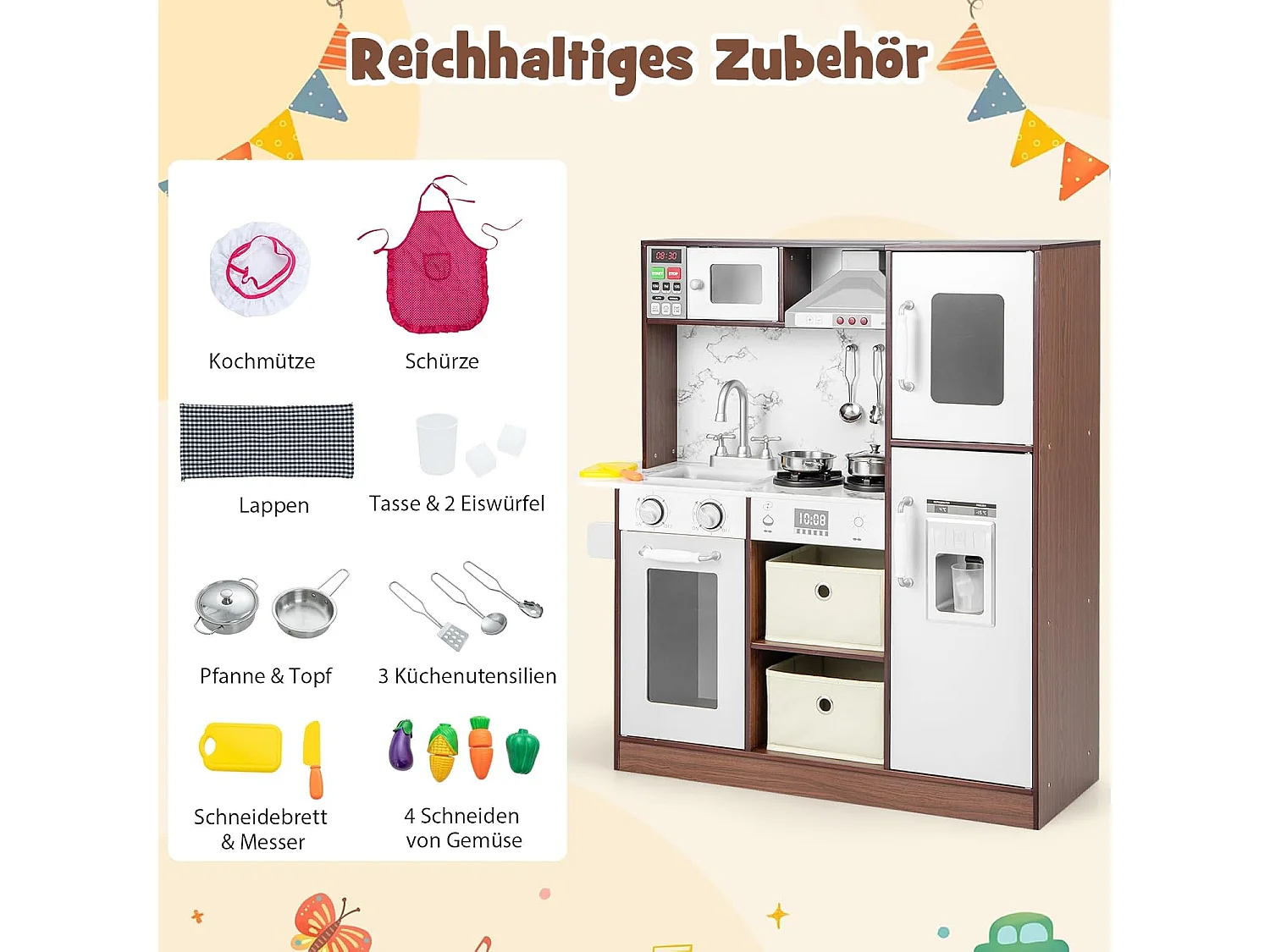 Kinderküche mit Zubehör, Spielküche mit Licht & Sound, Holzküche inkl. Spüle Dunstabzugshaube Mikrowelle Eismaschine Tafel, Spielzeugküche für Kinder ab 3 Jahre
