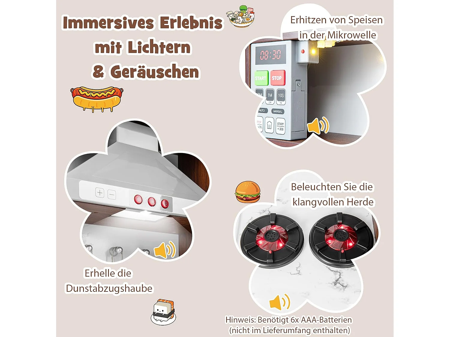 Kinderküche mit Zubehör, Spielküche mit Licht & Sound, Holzküche inkl. Spüle Dunstabzugshaube Mikrowelle Eismaschine Tafel, Spielzeugküche für Kinder ab 3 Jahre