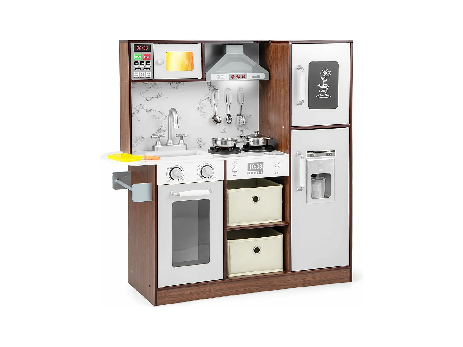 Kinderküche mit Zubehör, Spielküche mit Licht & Sound, Holzküche inkl. Spüle Dunstabzugshaube Mikrowelle Eismaschine Tafel, Spielzeugküche für Kinder ab 3 Jahre