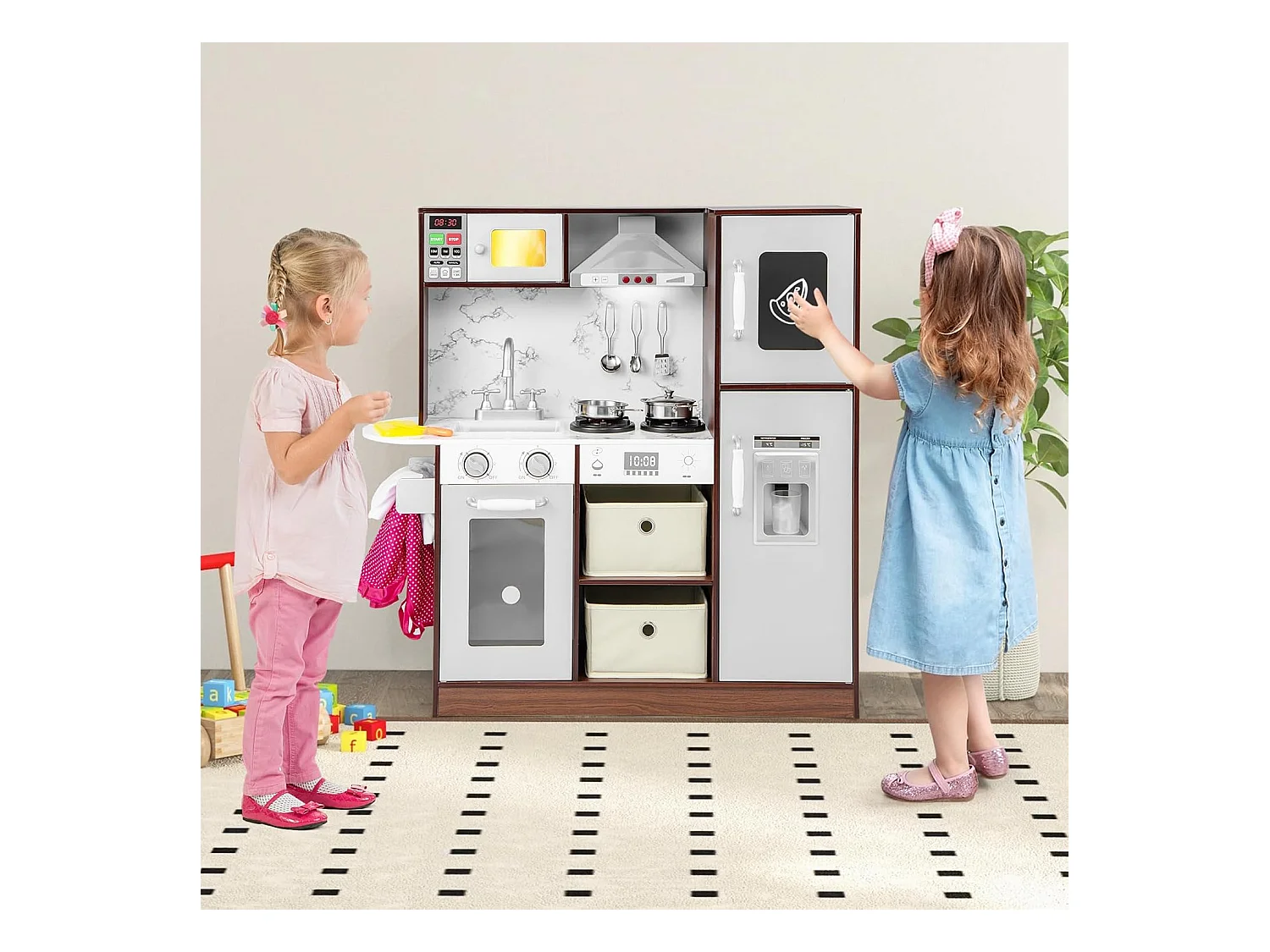 Kinderküche mit Zubehör, Spielküche mit Licht & Sound, Holzküche inkl. Spüle Dunstabzugshaube Mikrowelle Eismaschine Tafel, Spielzeugküche für Kinder ab 3 Jahre