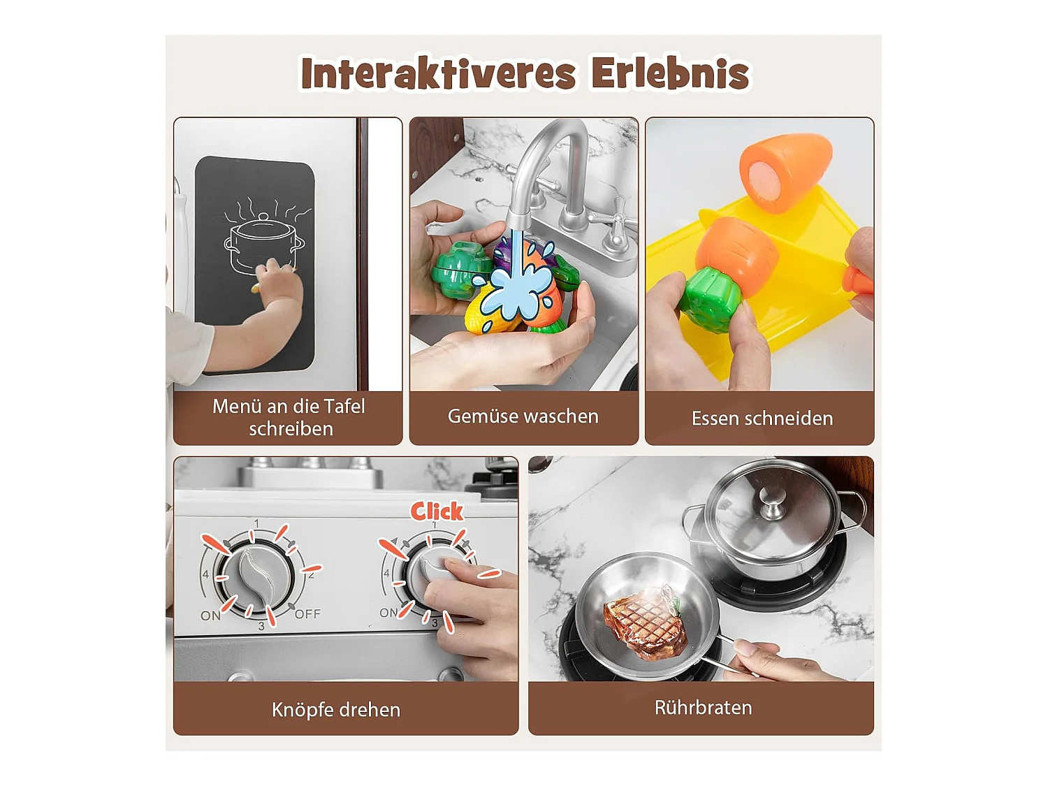 Kinderküche mit Zubehör, Spielküche mit Licht & Sound, Holzküche inkl. Spüle Dunstabzugshaube Mikrowelle Eismaschine Tafel, Spielzeugküche für Kinder ab 3 Jahre
