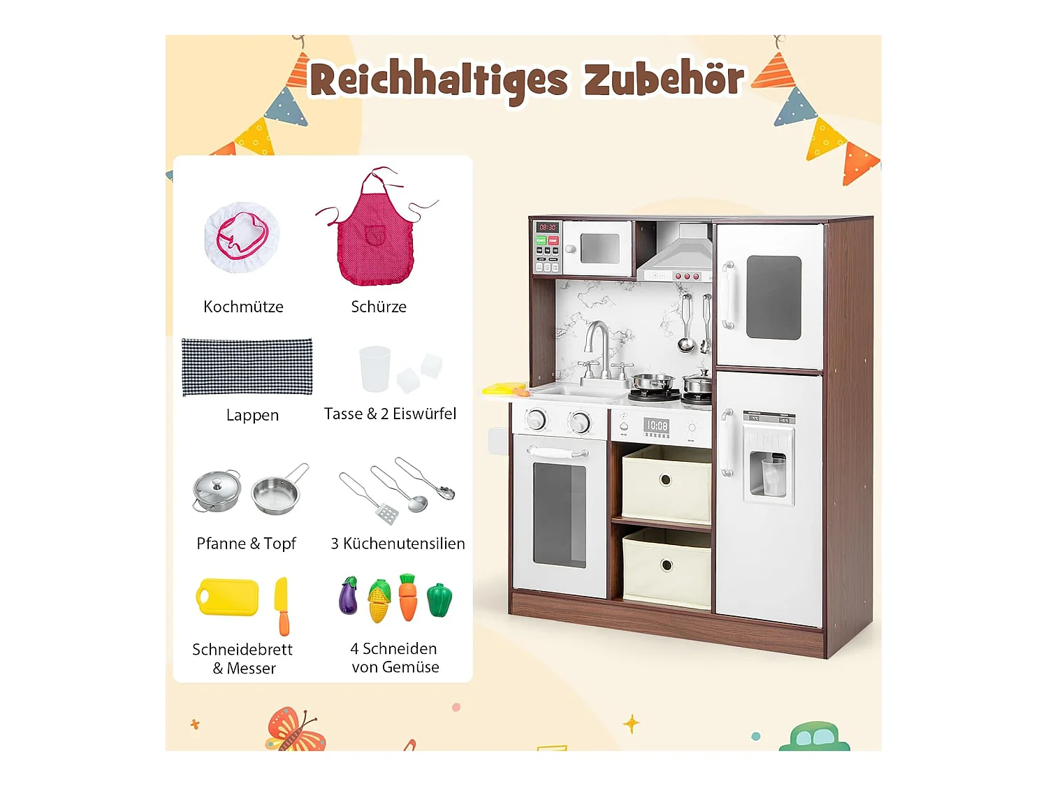 Kinderküche mit Zubehör, Spielküche mit Licht & Sound, Holzküche inkl. Spüle Dunstabzugshaube Mikrowelle Eismaschine Tafel, Spielzeugküche für Kinder ab 3 Jahre