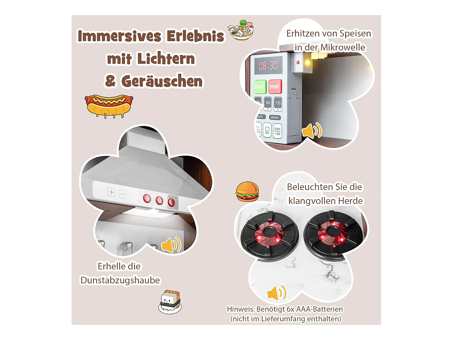 Kinderküche mit Zubehör, Spielküche mit Licht & Sound, Holzküche inkl. Spüle Dunstabzugshaube Mikrowelle Eismaschine Tafel, Spielzeugküche für Kinder ab 3 Jahre