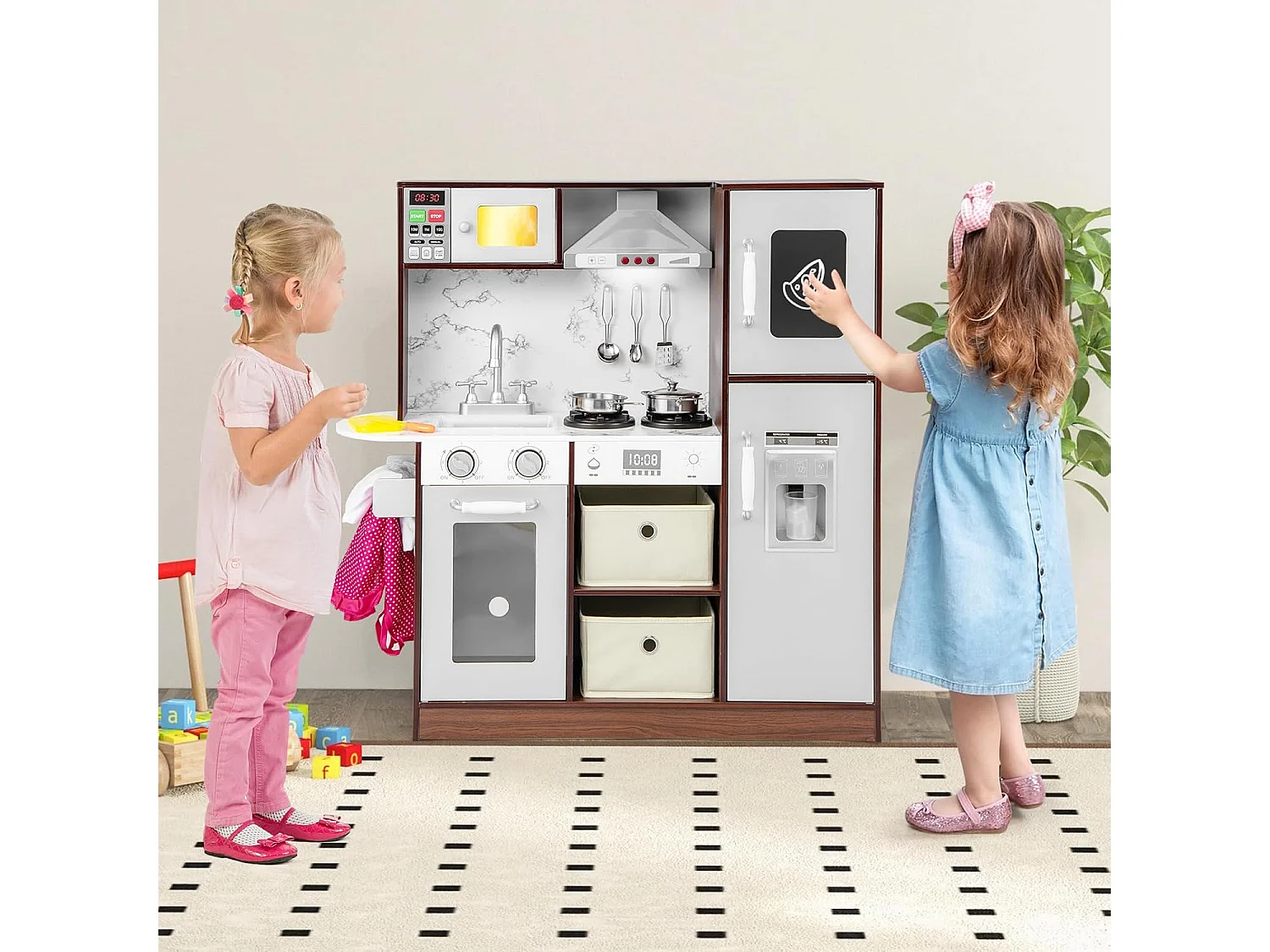 Kinderküche mit Zubehör, Spielküche mit Licht & Sound, Holzküche inkl. Spüle Dunstabzugshaube Mikrowelle Eismaschine Tafel, Spielzeugküche für Kinder ab 3 Jahre