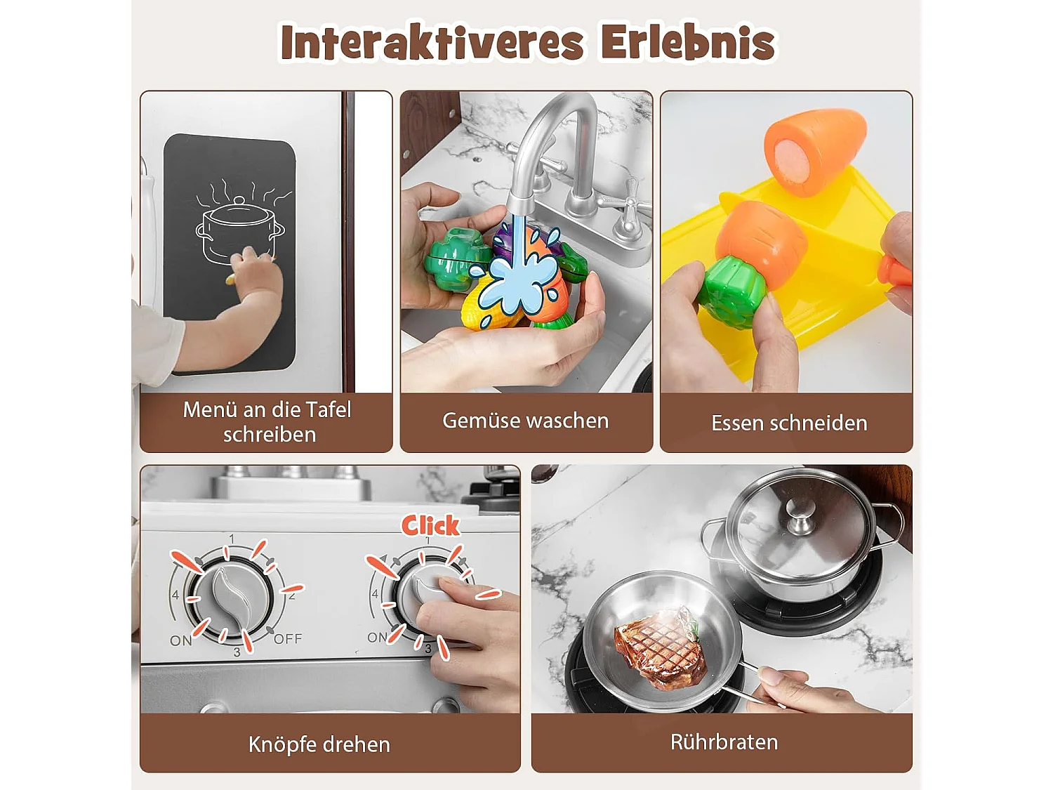 Kinderküche mit Zubehör, Spielküche mit Licht & Sound, Holzküche inkl. Spüle Dunstabzugshaube Mikrowelle Eismaschine Tafel, Spielzeugküche für Kinder ab 3 Jahre