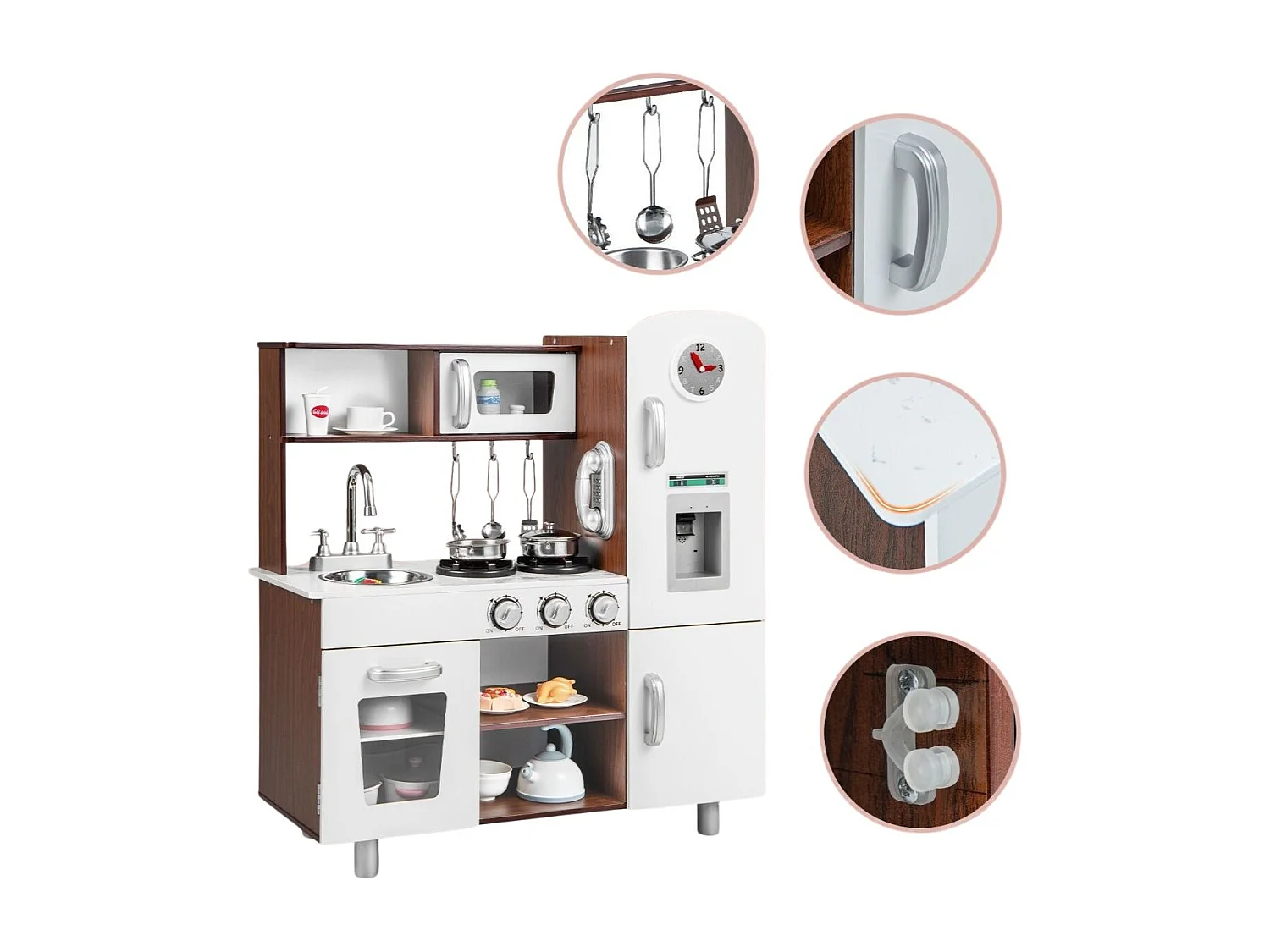Set di cucina giocattolo per bambini con suoni e luci realistiche, Cucina giocattolo in legno con fornelli Marrone