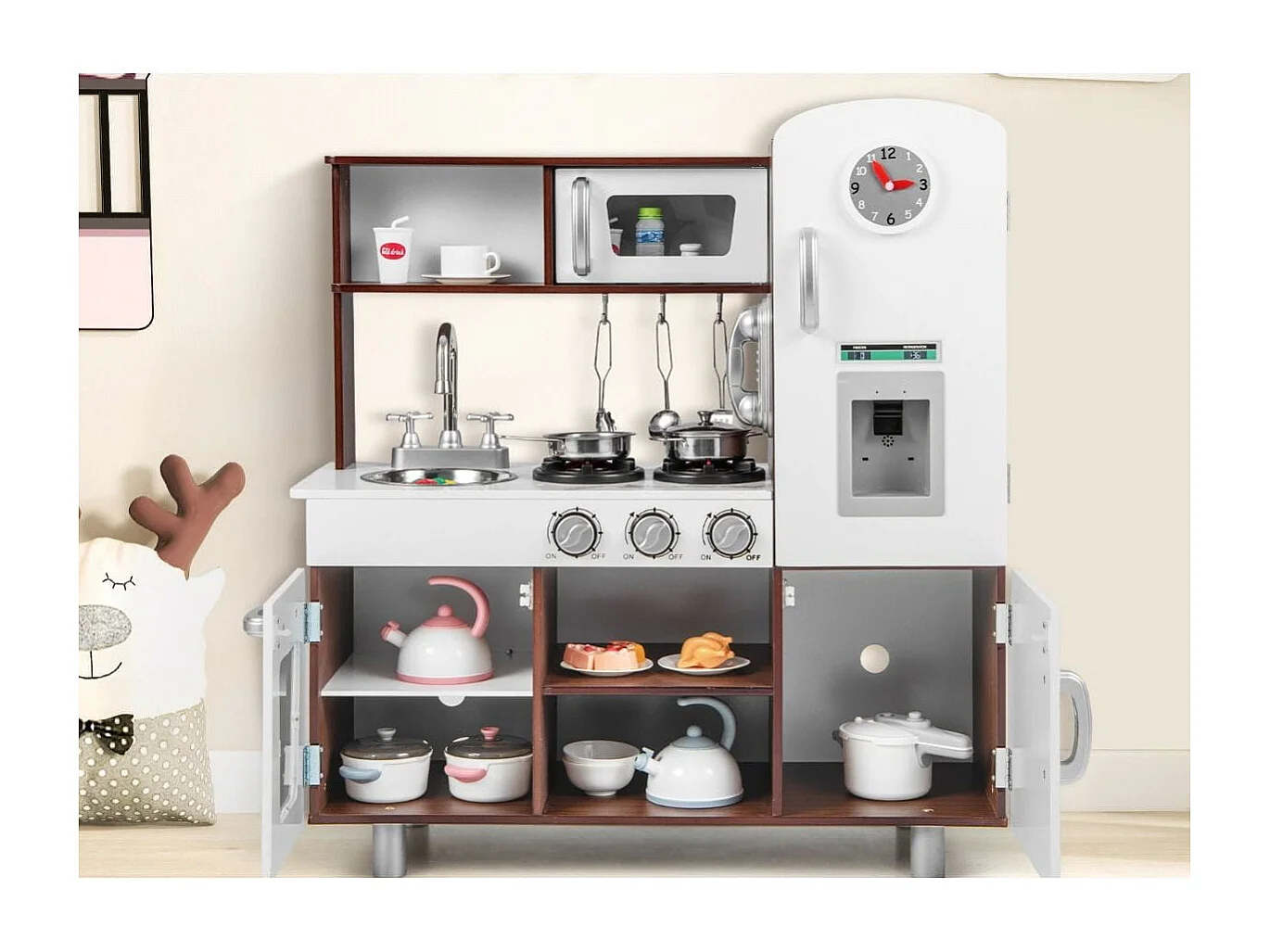 Set di cucina giocattolo per bambini con suoni e luci realistiche, Cucina giocattolo in legno con fornelli Marrone