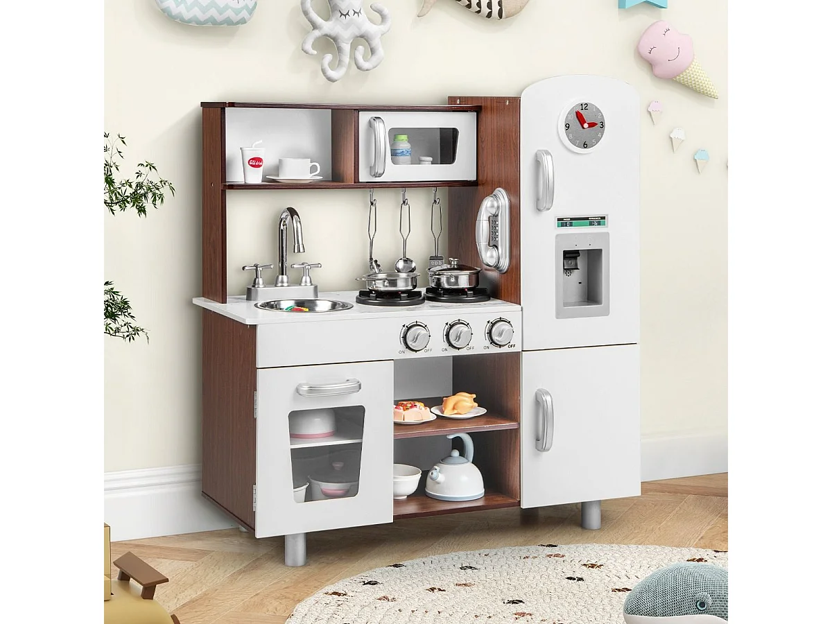 Set di cucina giocattolo per bambini con suoni e luci realistiche, Cucina giocattolo in legno con fornelli Marrone