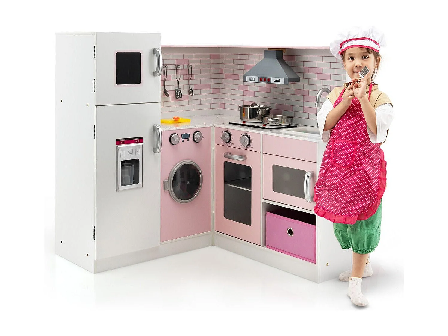 Cucina giocattolo ad angolo in legno per bambini, Mini cucina giocattolo con luci e suoni interattivi Rosa