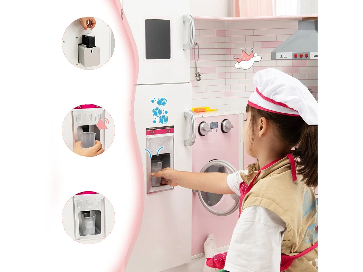Cucina giocattolo ad angolo in legno per bambini, Mini cucina giocattolo con luci e suoni interattivi Rosa