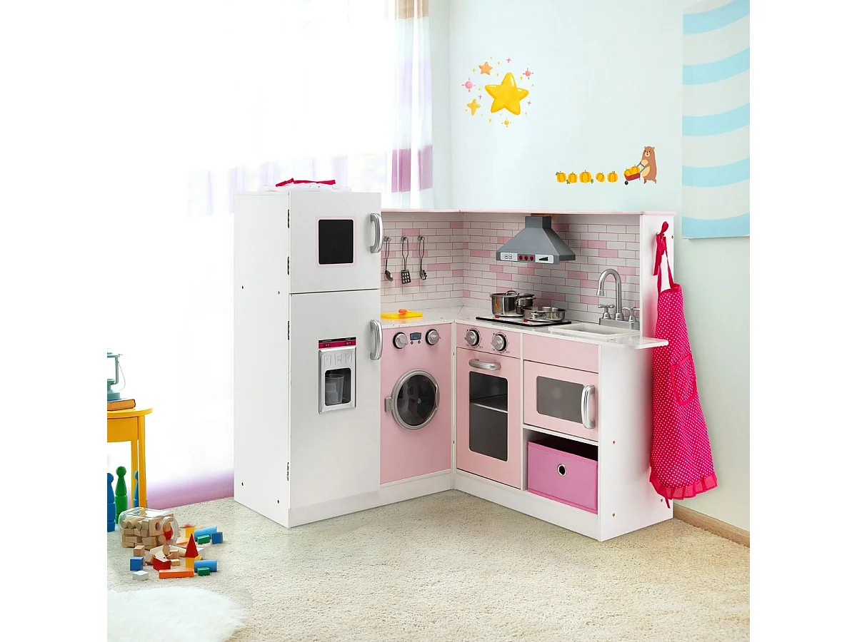 Cucina giocattolo ad angolo in legno per bambini, Mini cucina giocattolo con luci e suoni interattivi Rosa