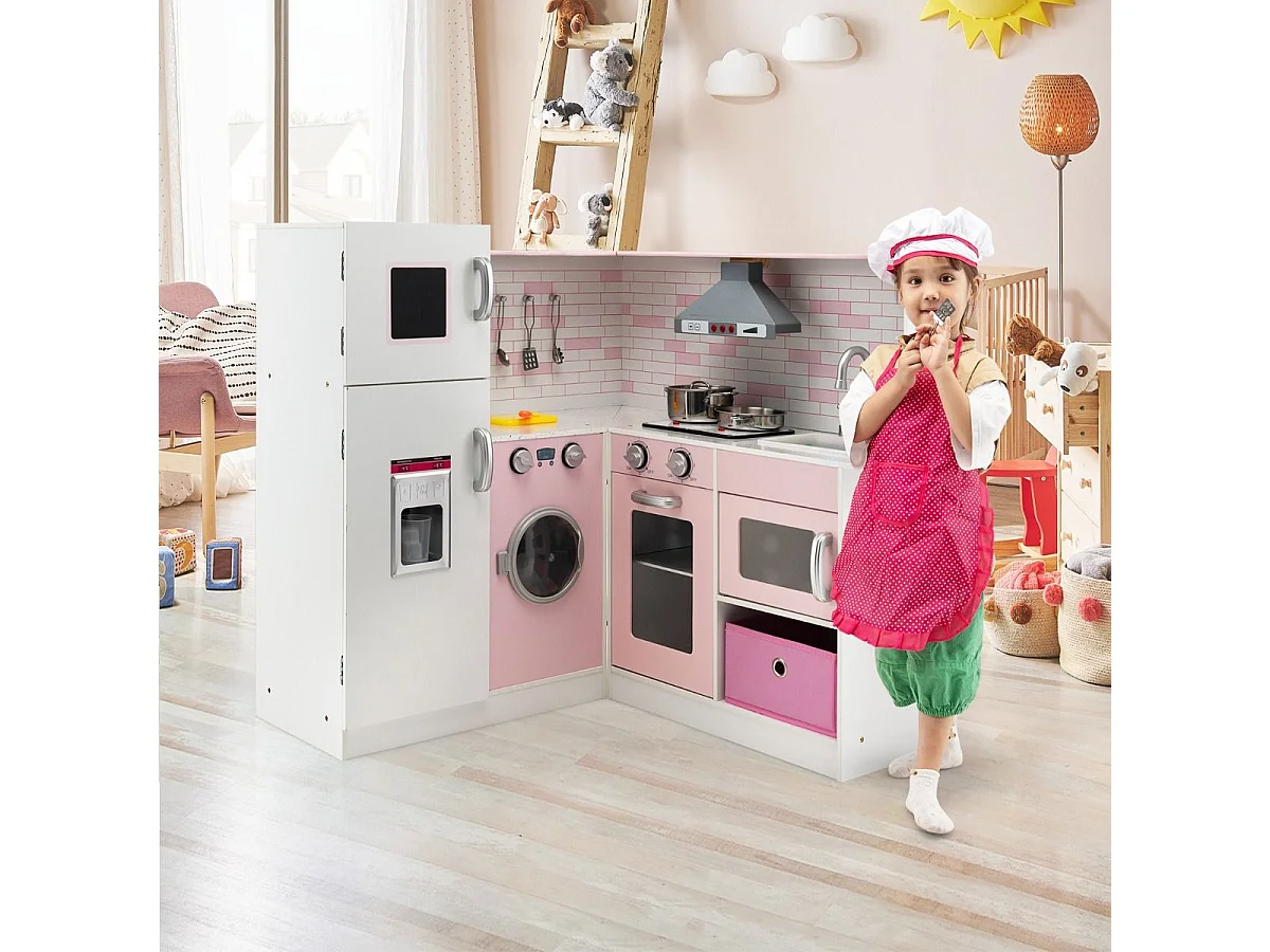 Cucina giocattolo ad angolo in legno per bambini, Mini cucina giocattolo con luci e suoni interattivi Rosa