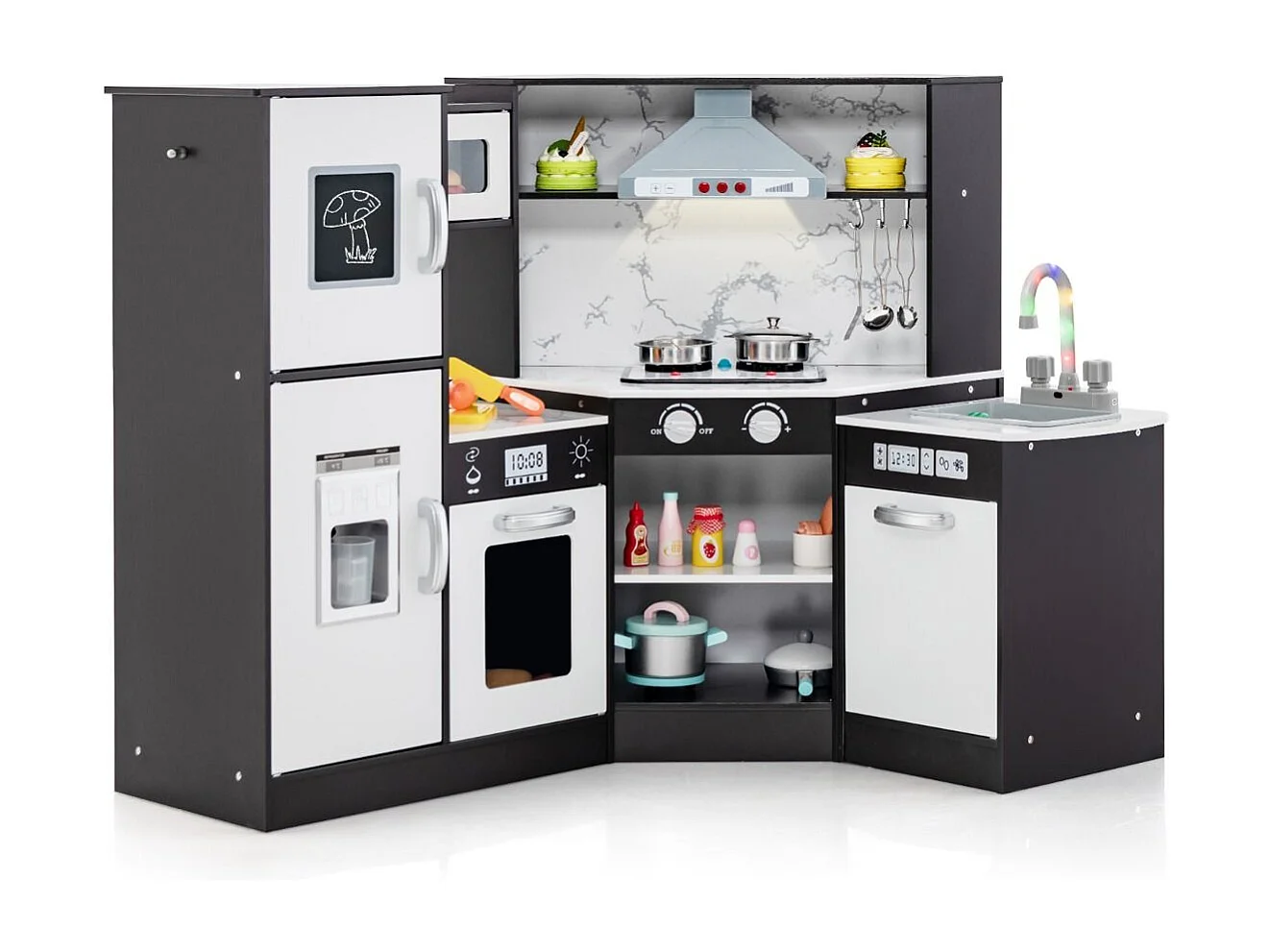 Cucina giocattolo per bambini in legno con lavabo separato suoni e luci divertenti, Set da cucina per giochi Caffè