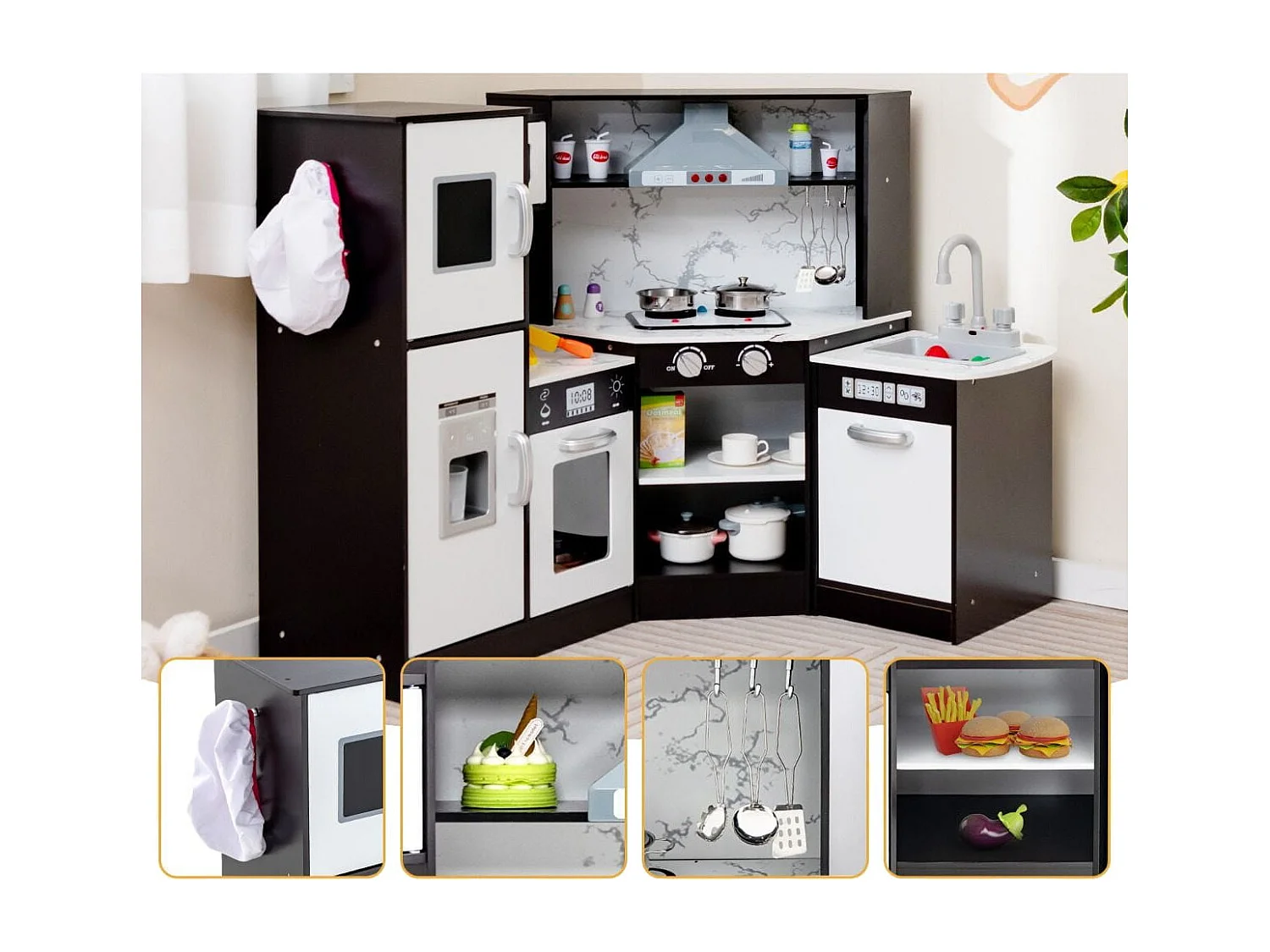 Cucina giocattolo per bambini in legno con lavabo separato suoni e luci divertenti, Set da cucina per giochi Caffè