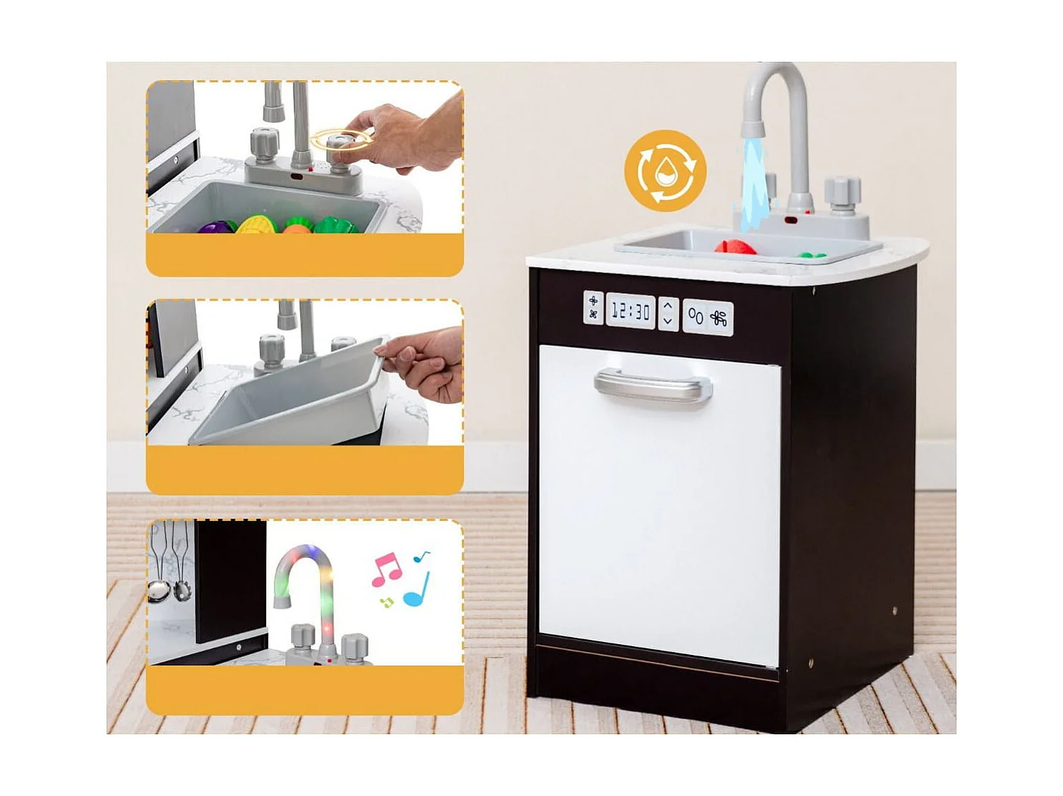 Cucina giocattolo per bambini in legno con lavabo separato suoni e luci divertenti, Set da cucina per giochi Caffè