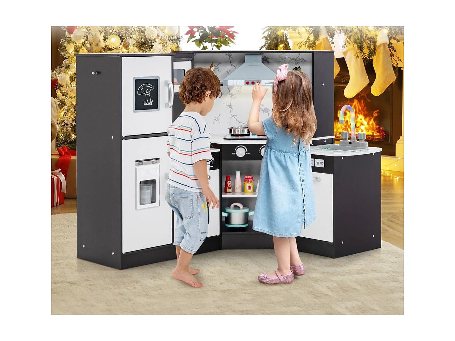 Cucina giocattolo per bambini in legno con lavabo separato suoni e luci divertenti, Set da cucina per giochi Caffè
