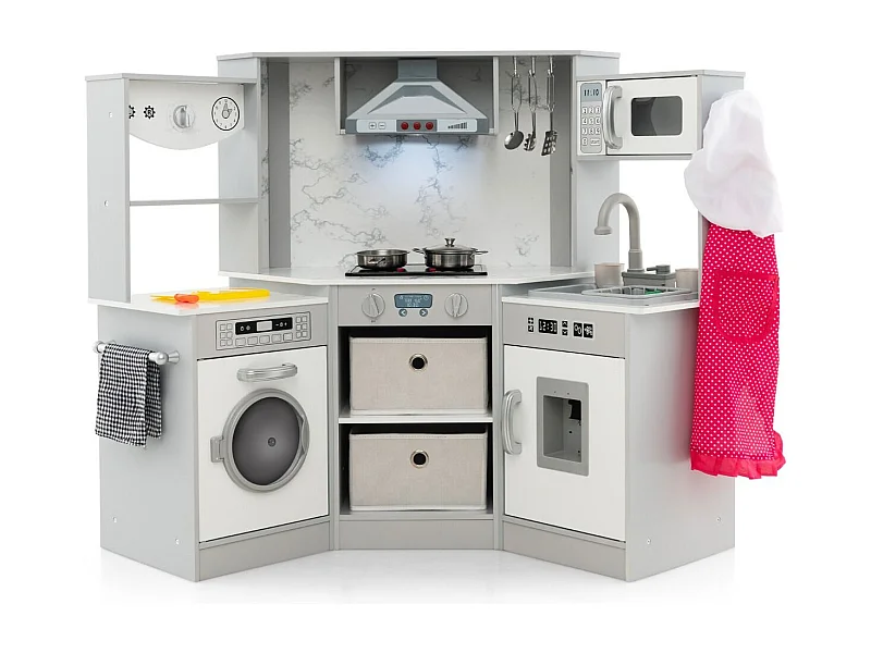 Holz Kinderküche mit Licht & Sound & Wasserspender & Waschmaschine & Zubehör Spielküche