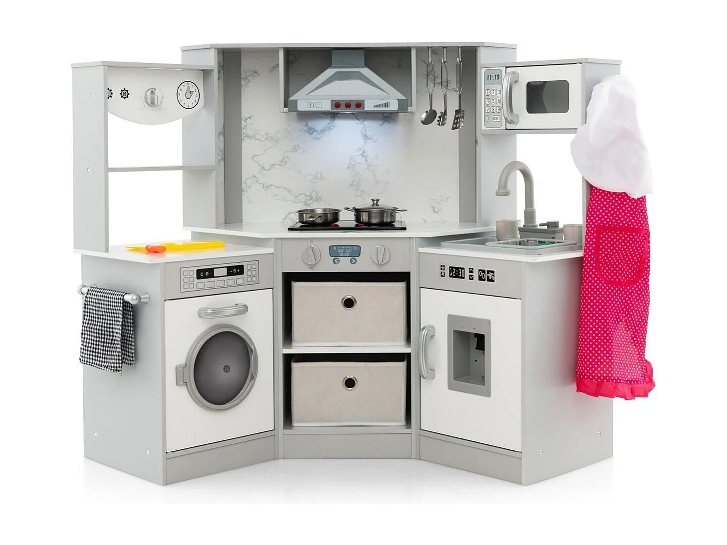 Holz Kinderküche mit Licht & Sound & Wasserspender & Waschmaschine & Zubehör Spielküche