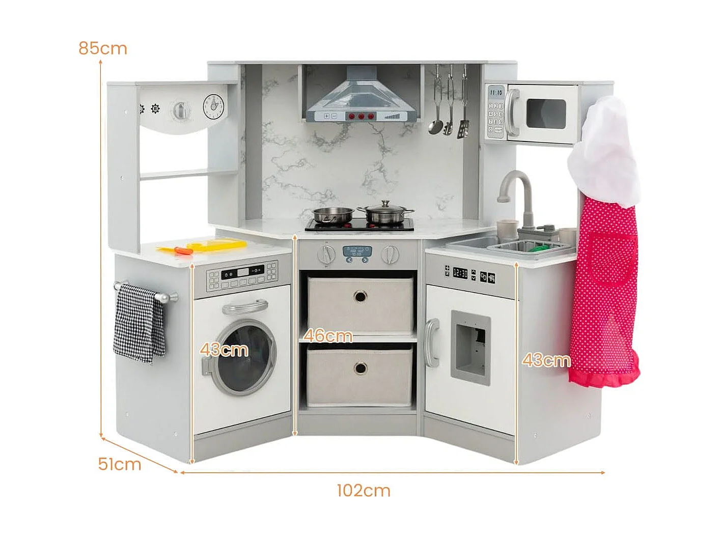 Holz Kinderküche mit Licht & Sound & Wasserspender & Waschmaschine & Zubehör Spielküche