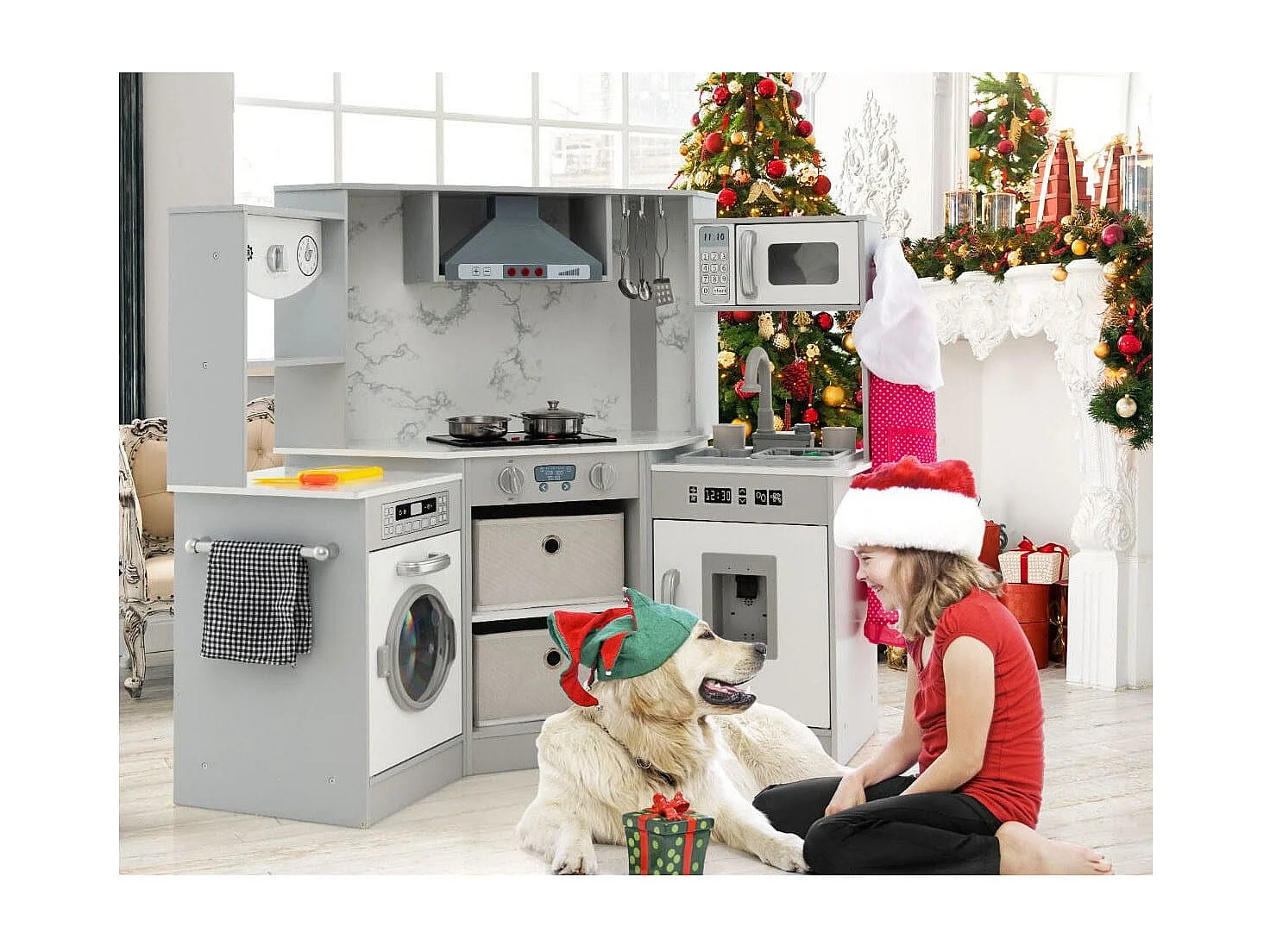 Holz Kinderküche mit Licht & Sound & Wasserspender & Waschmaschine & Zubehör Spielküche