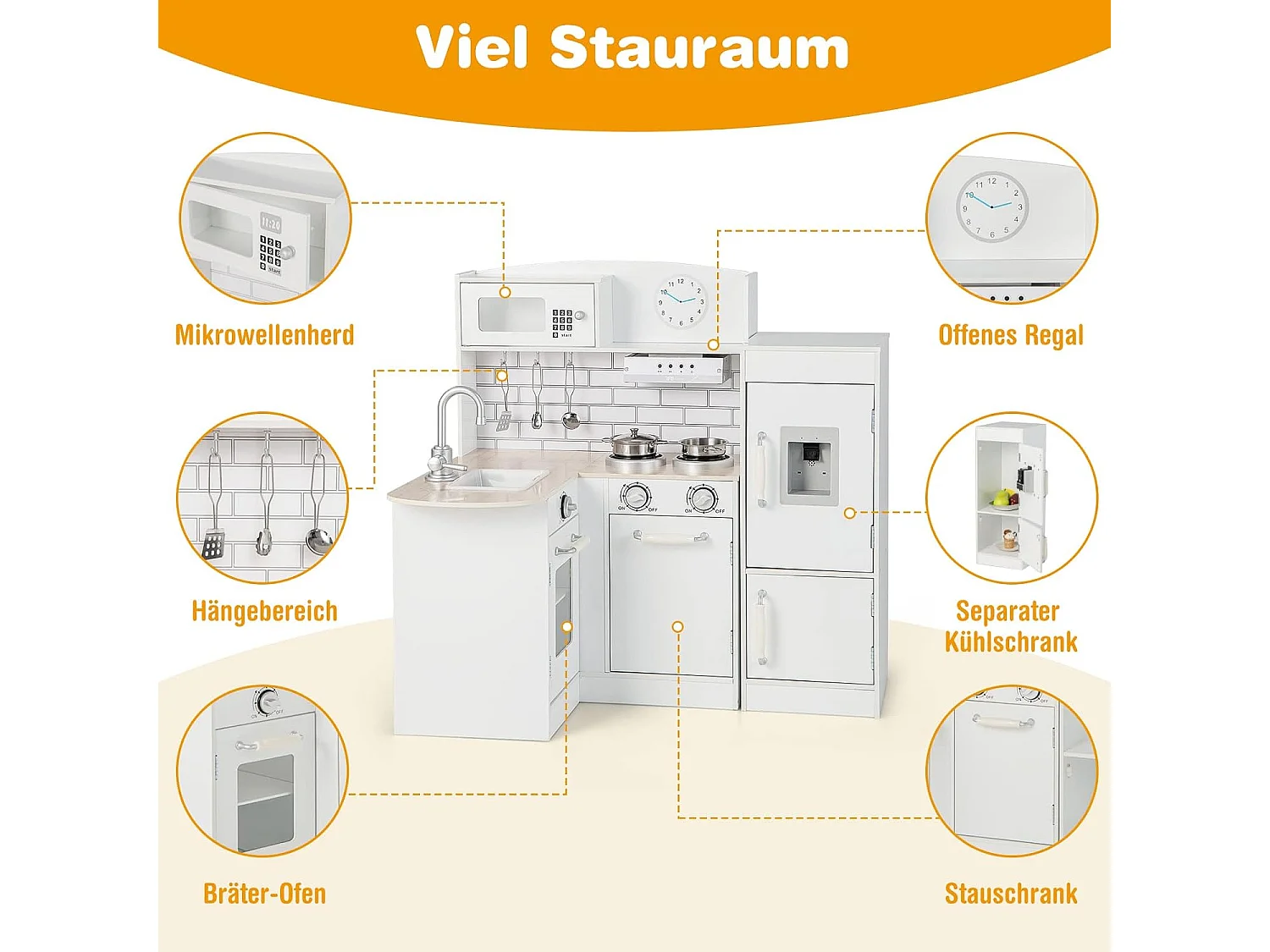 Cuisine d'angle avec réfrigérateur séparé & son & accessoires de jeu Cuisine pour enfants blanche