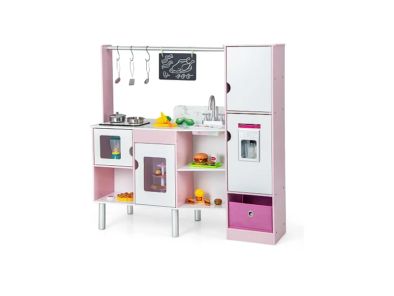 2 in 1 Kinderküche & Kaufladen mit Licht & Sound & 82 Zubehörteile & Tafel & Eismacher Spielküche