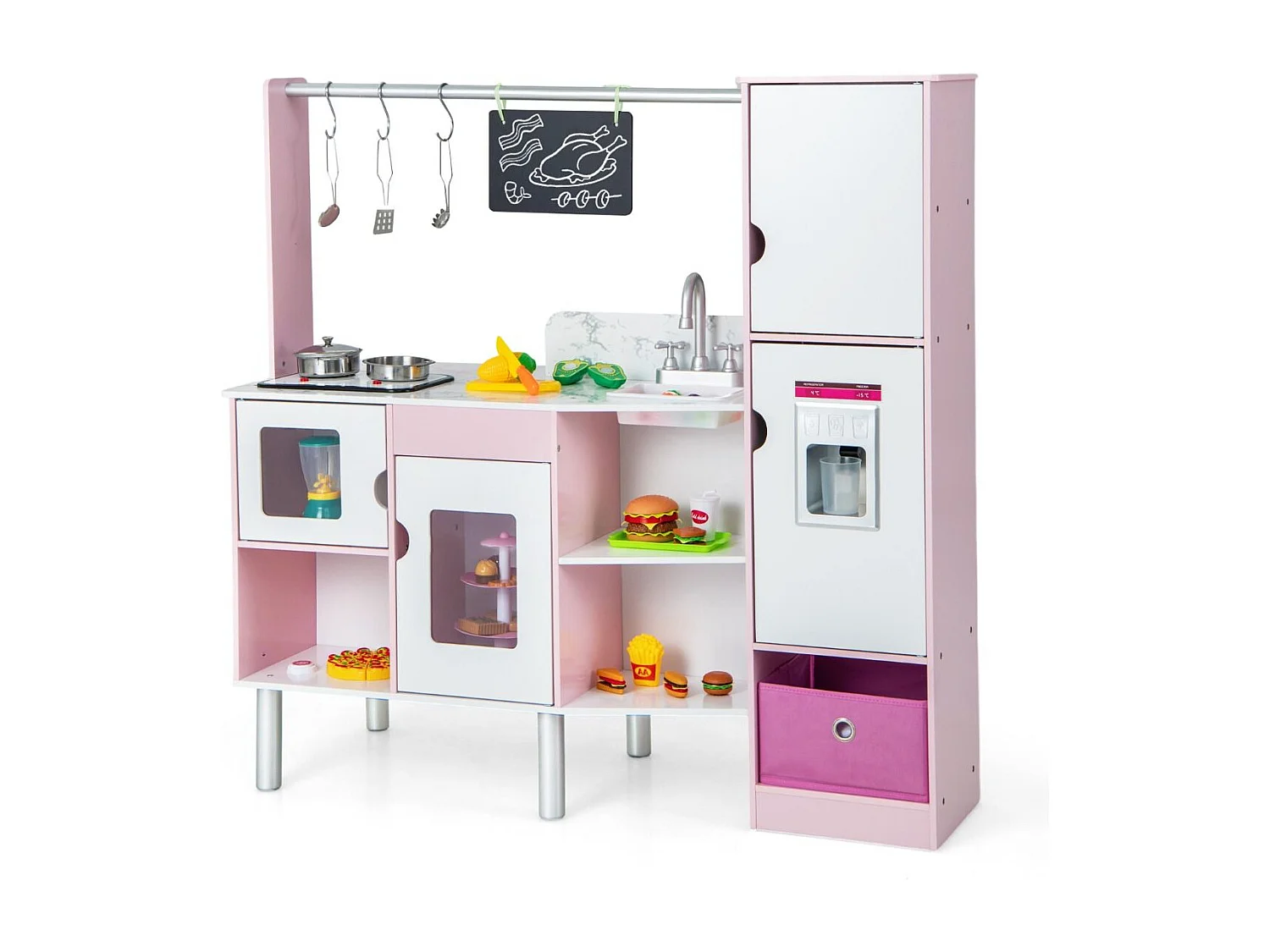 2 in 1 Kinderküche & Kaufladen mit Licht & Sound & 82 Zubehörteile & Tafel & Eismacher Spielküche