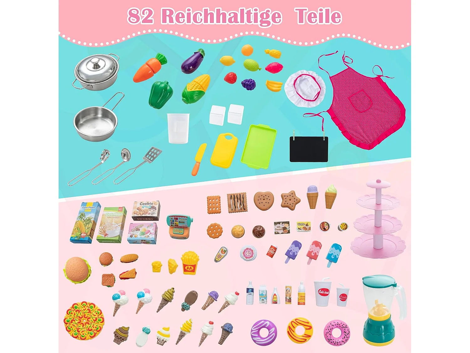 2 in 1 Kinderküche & Kaufladen mit Licht & Sound & 82 Zubehörteile & Tafel & Eismacher Spielküche