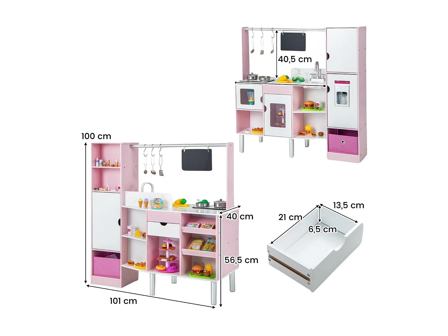 2 in 1 Kinderküche & Kaufladen mit Licht & Sound & 82 Zubehörteile & Tafel & Eismacher Spielküche