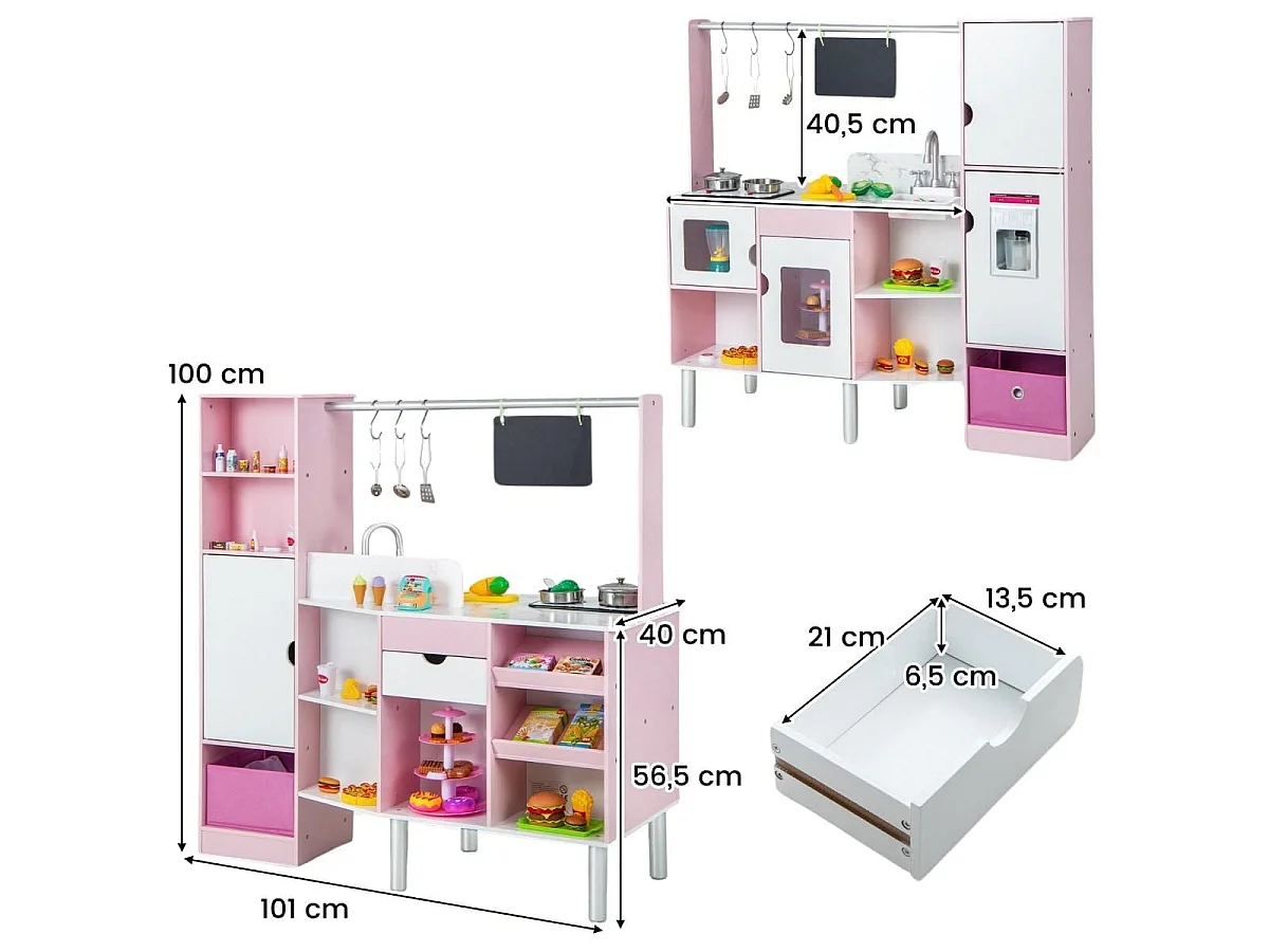 Cuisine et Épicerie pour Enfants 2 en 1 Cuisine de Jeu Double Face avec Lumière et son Réalistes Machine à Glaçons Tableau Noir 82 Accessoires Inclus Rose