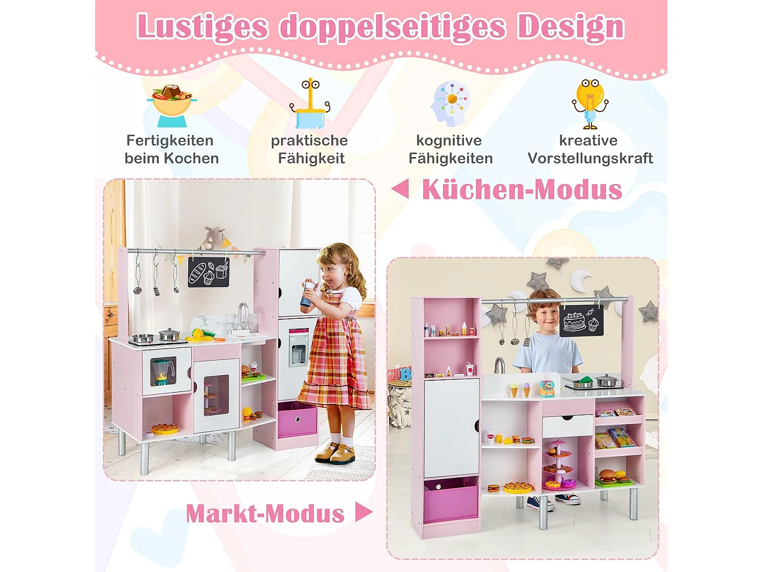 Cuisine et Épicerie pour Enfants 2 en 1 Cuisine de Jeu Double Face avec Lumière et son Réalistes Machine à Glaçons Tableau Noir 82 Accessoires Inclus Rose