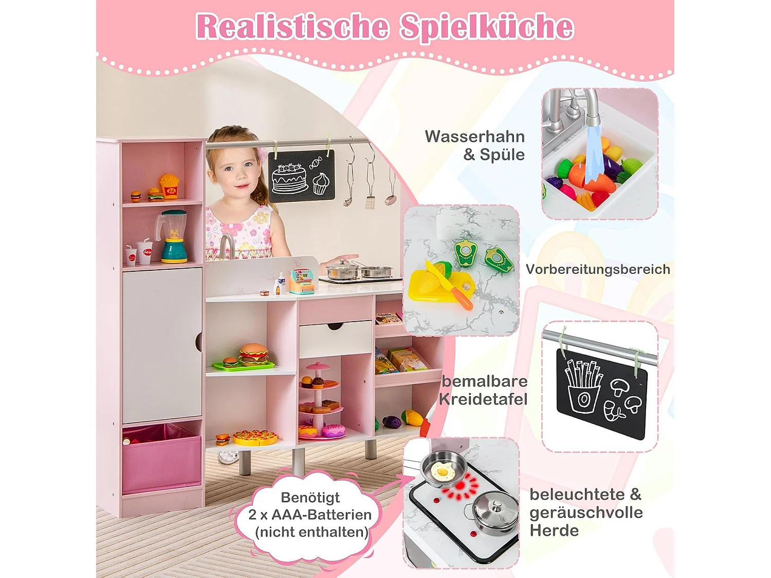 Cuisine et Épicerie pour Enfants 2 en 1 Cuisine de Jeu Double Face avec Lumière et son Réalistes Machine à Glaçons Tableau Noir 82 Accessoires Inclus Rose
