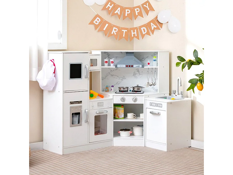 Cucina giocattolo per bambini in legno con lavabo separato suoni e luci divertenti, Set da cucina per giochi Bianco