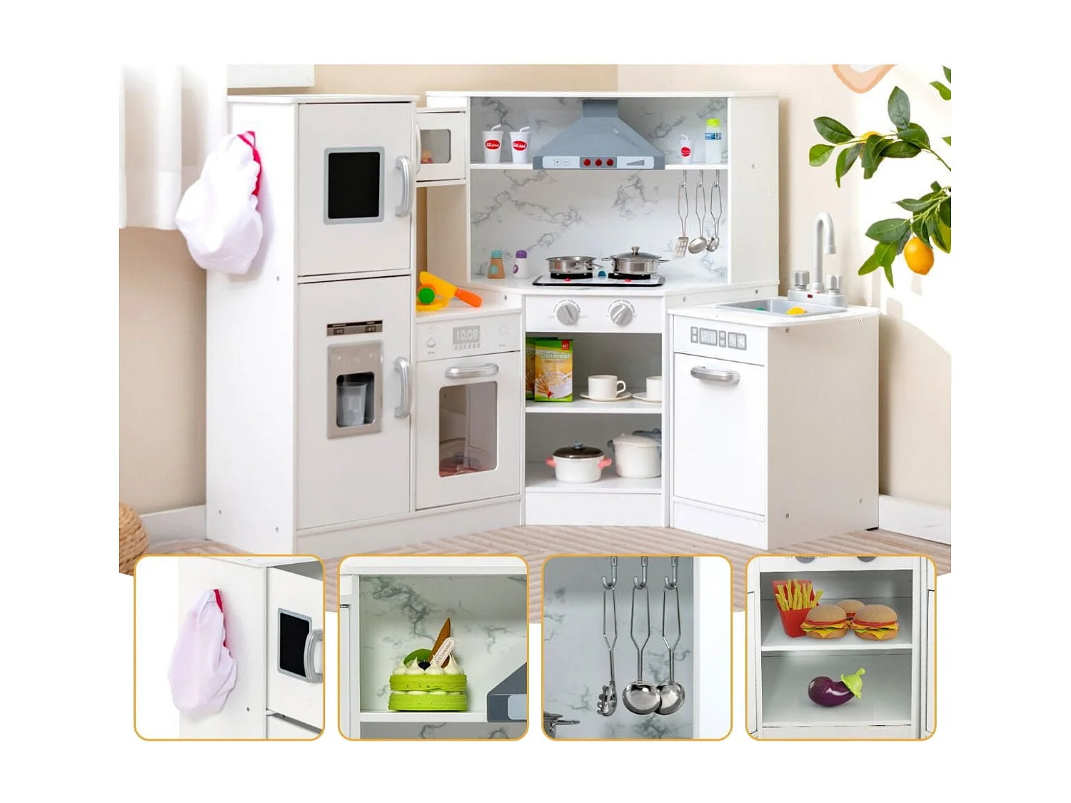 Holz Eck Kinderküche mit Licht & Sound & Tafel & Zubehör Kinderküche Spielküche Holzküche Weiß